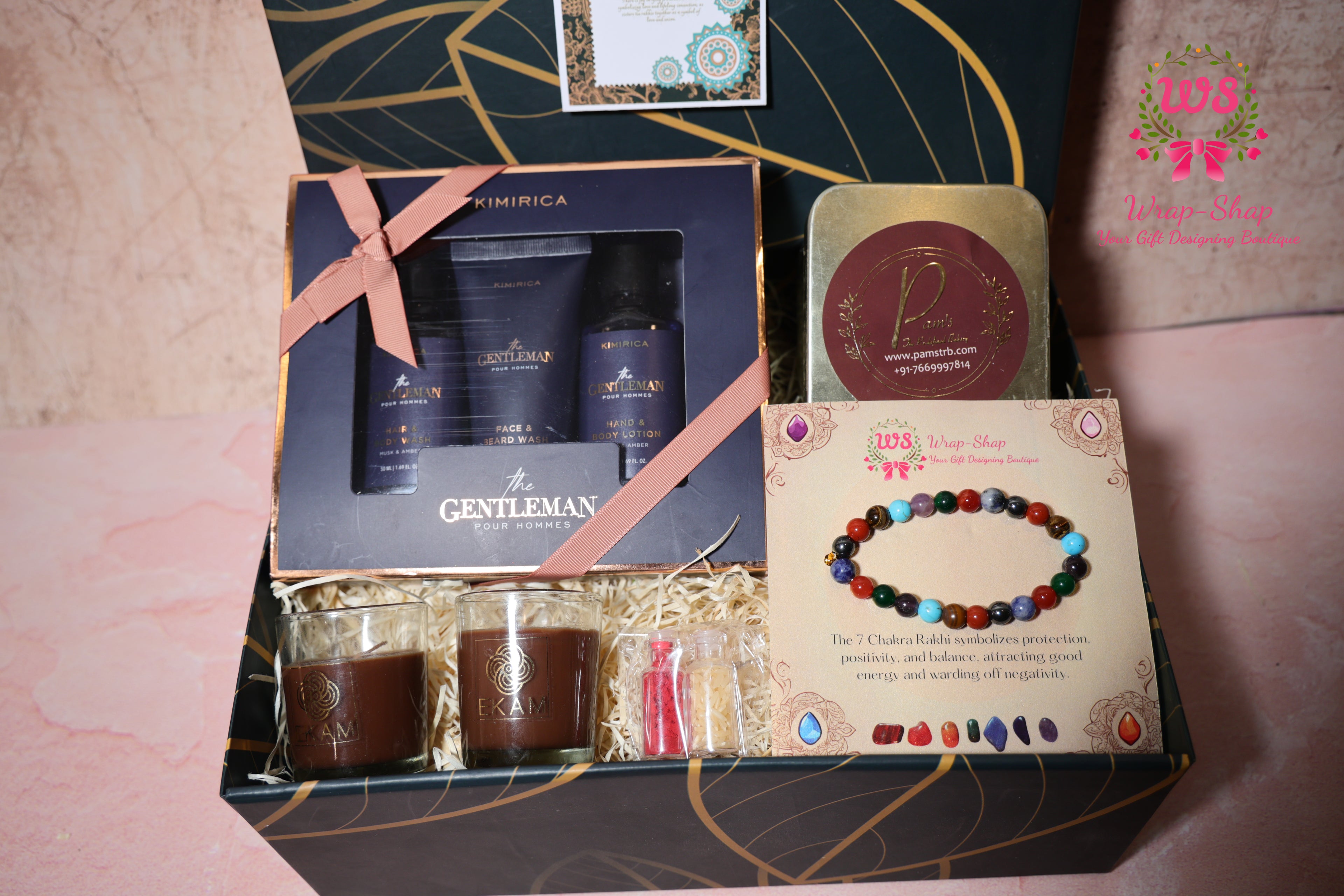 Luxury Men’s Rakhi Hamper with Kimirica Face Wash, Body Mist, Lotion, 7 Chakra Rakhi, Scented Candles & Chocolates in Gift Box | Wrap Shap