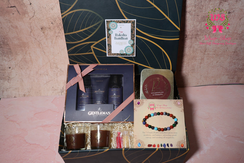 Luxury Men’s Rakhi Hamper with Kimirica Face Wash, Body Mist, Lotion, 7 Chakra Rakhi, Scented Candles & Chocolates in Gift Box | Wrap Shap