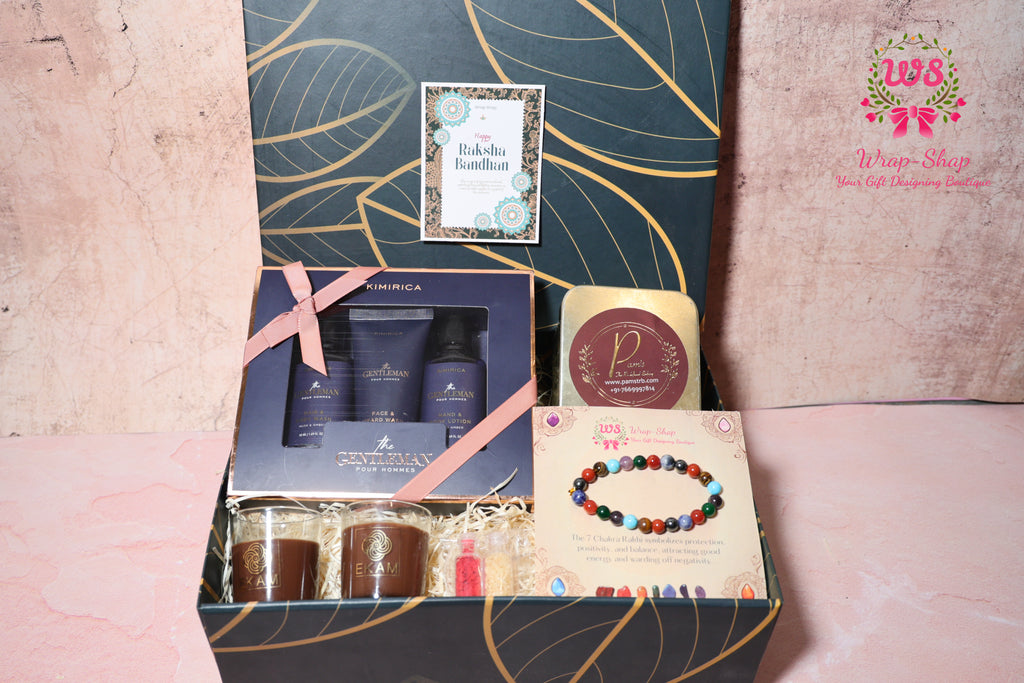 Luxury Men’s Rakhi Hamper with Kimirica Face Wash, Body Mist, Lotion, 7 Chakra Rakhi, Scented Candles & Chocolates in Gift Box | Wrap Shap