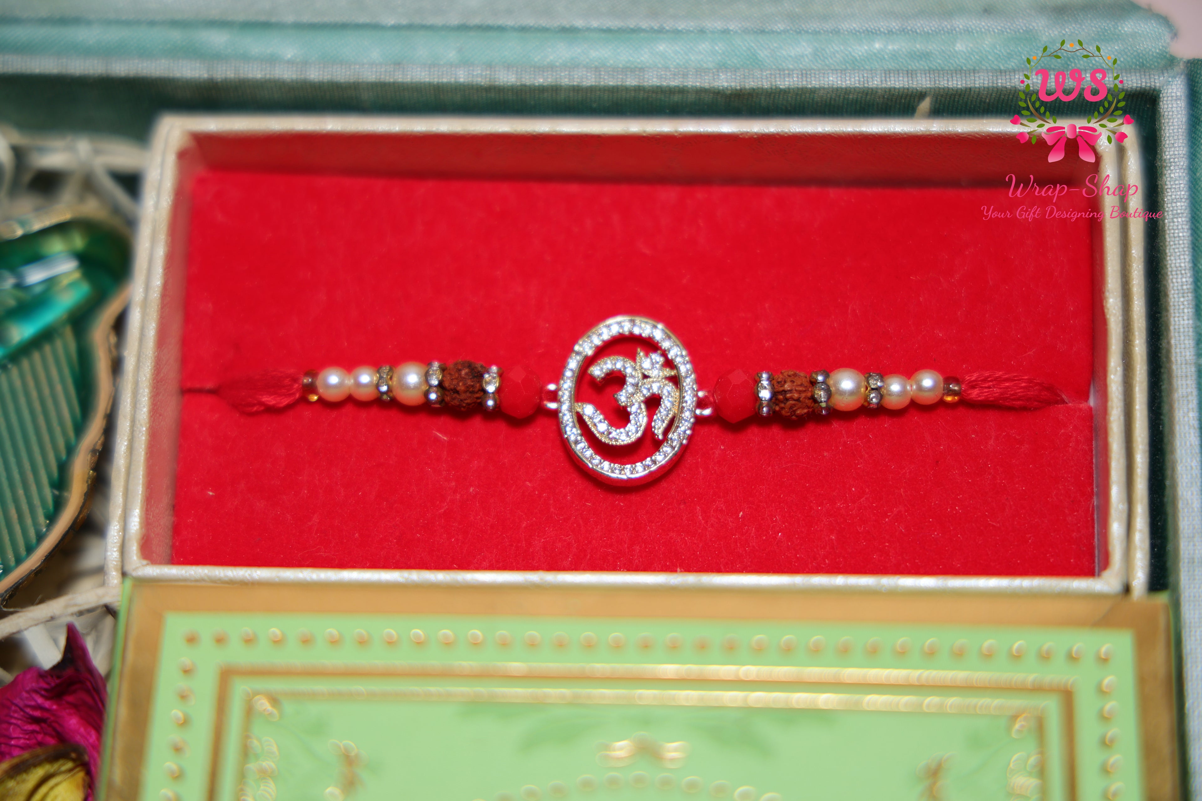 Premium Traditional Rakhi Hamper with Ganeshji Frame, Kaju Katli, Roli Chawal Platter & AD Rakhi in Gift Box | Wrap Shap