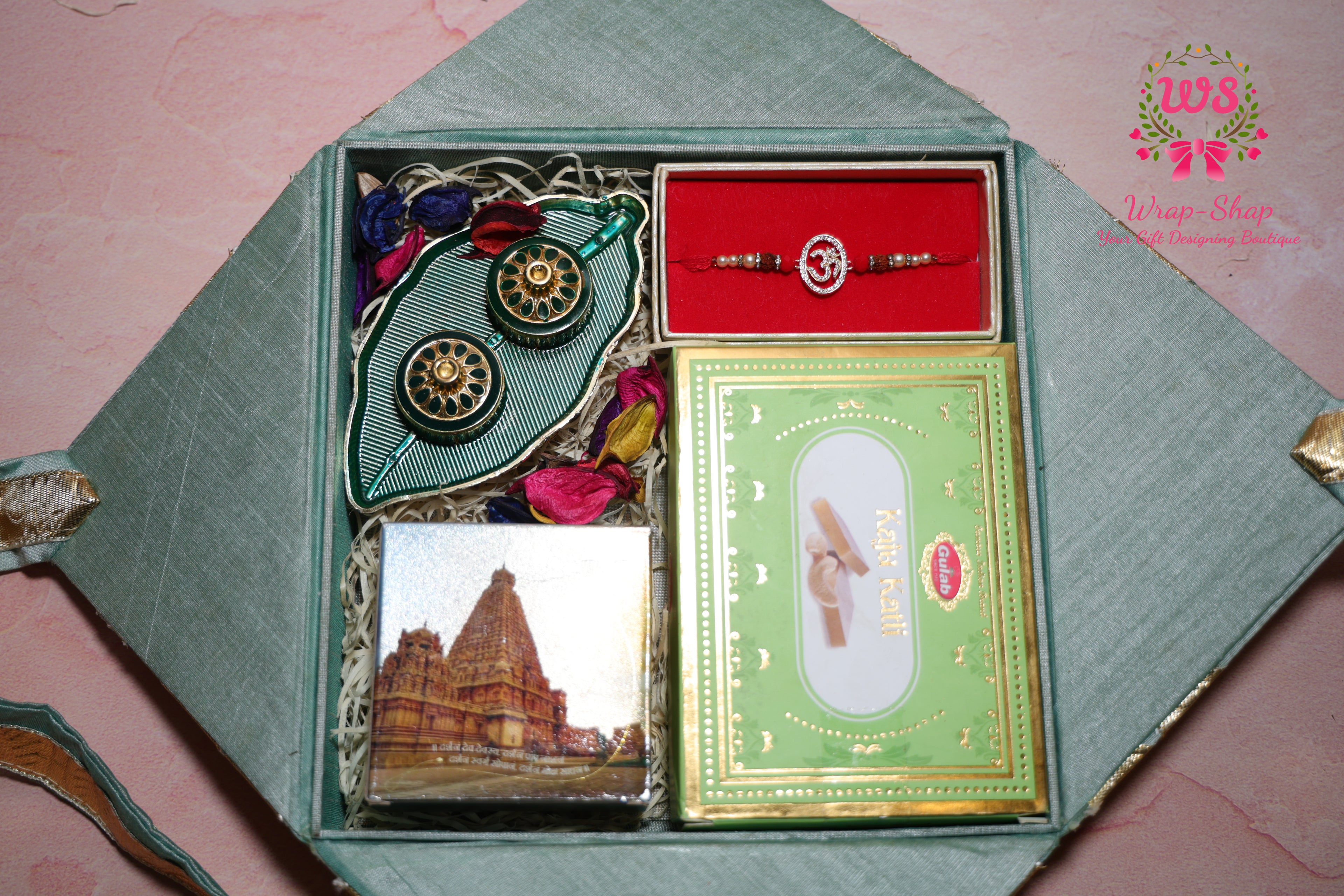 Premium Traditional Rakhi Hamper with Ganeshji Frame, Kaju Katli, Roli Chawal Platter & AD Rakhi in Gift Box | Wrap Shap