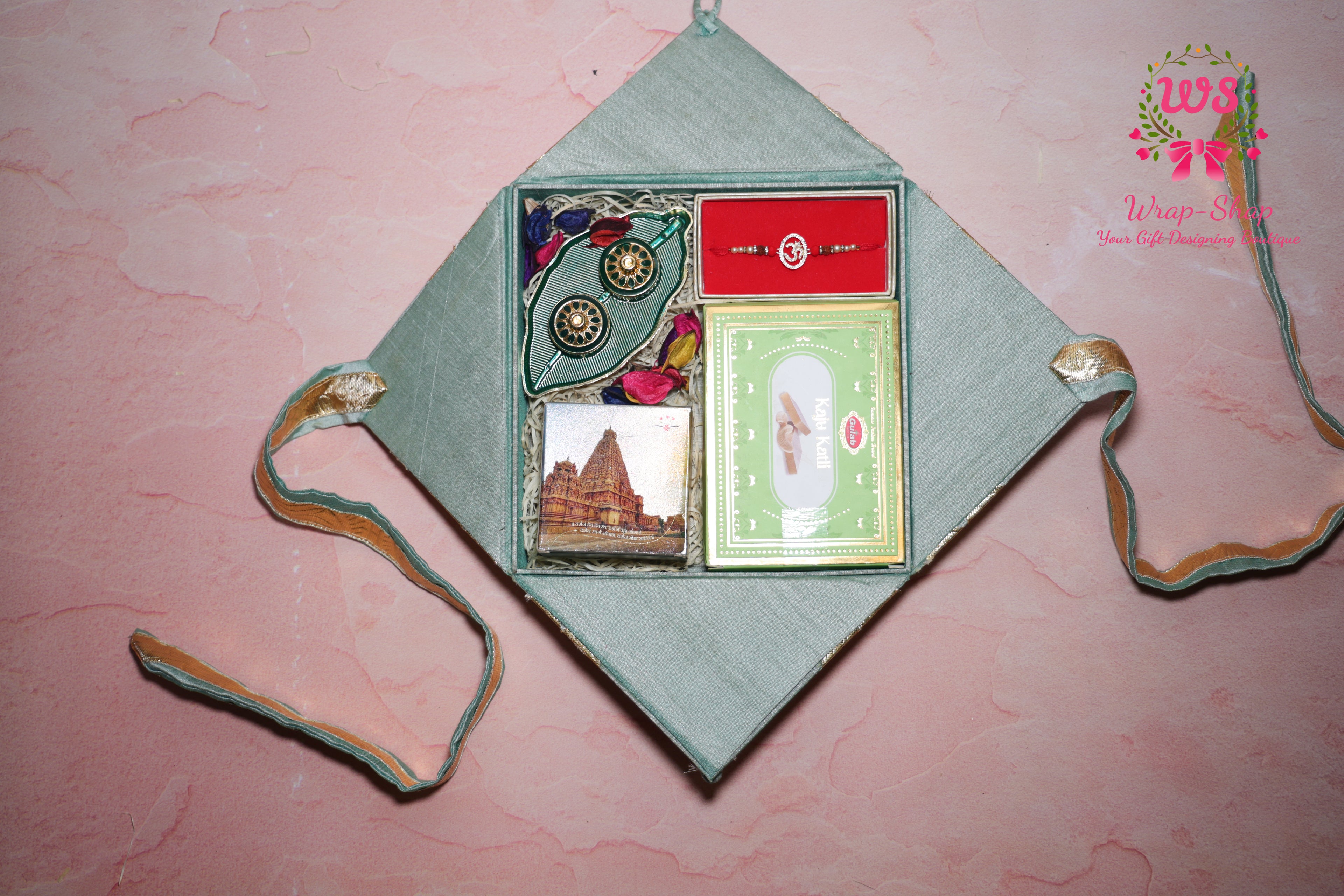 Premium Traditional Rakhi Hamper with Ganeshji Frame, Kaju Katli, Roli Chawal Platter & AD Rakhi in Gift Box | Wrap Shap