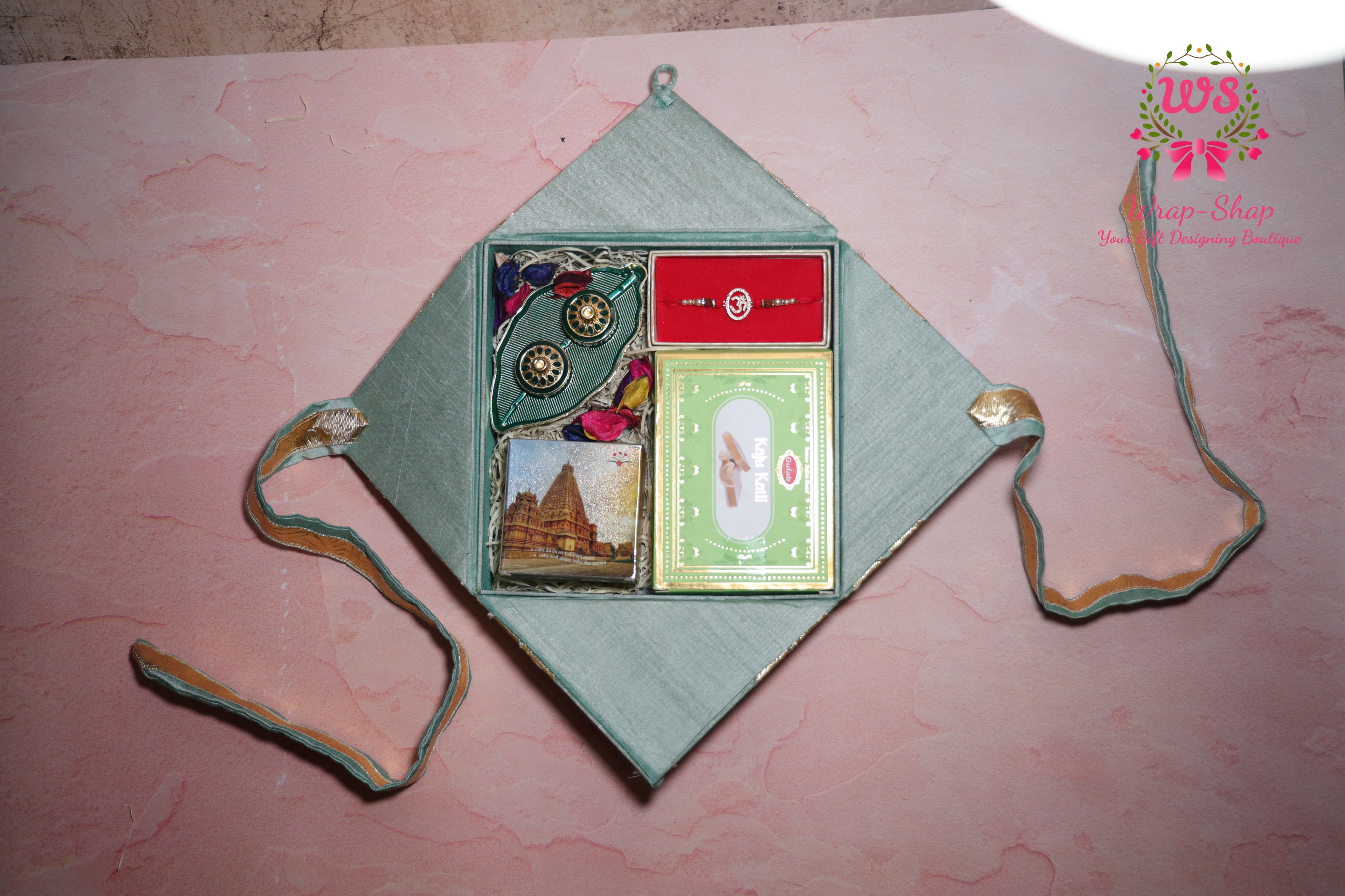 Premium Traditional Rakhi Hamper with Ganeshji Frame, Kaju Katli, Roli Chawal Platter & AD Rakhi in Gift Box | Wrap Shap