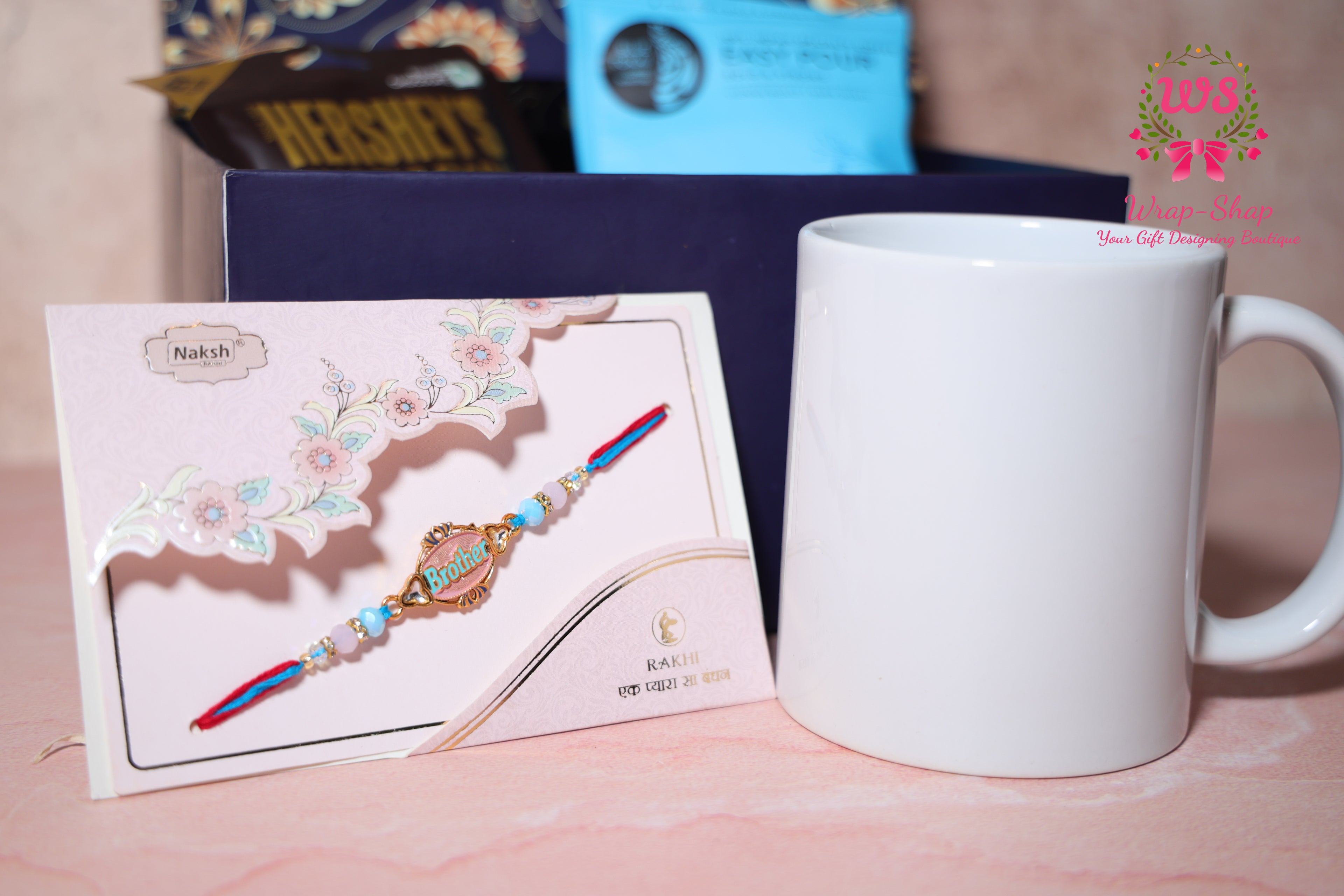 Custom Rakhi Hamper with Personalized Mug, Blue Tokai Coffee, Hershey’s Chocolate & Rakhi in Gift Box | Wrap Shap