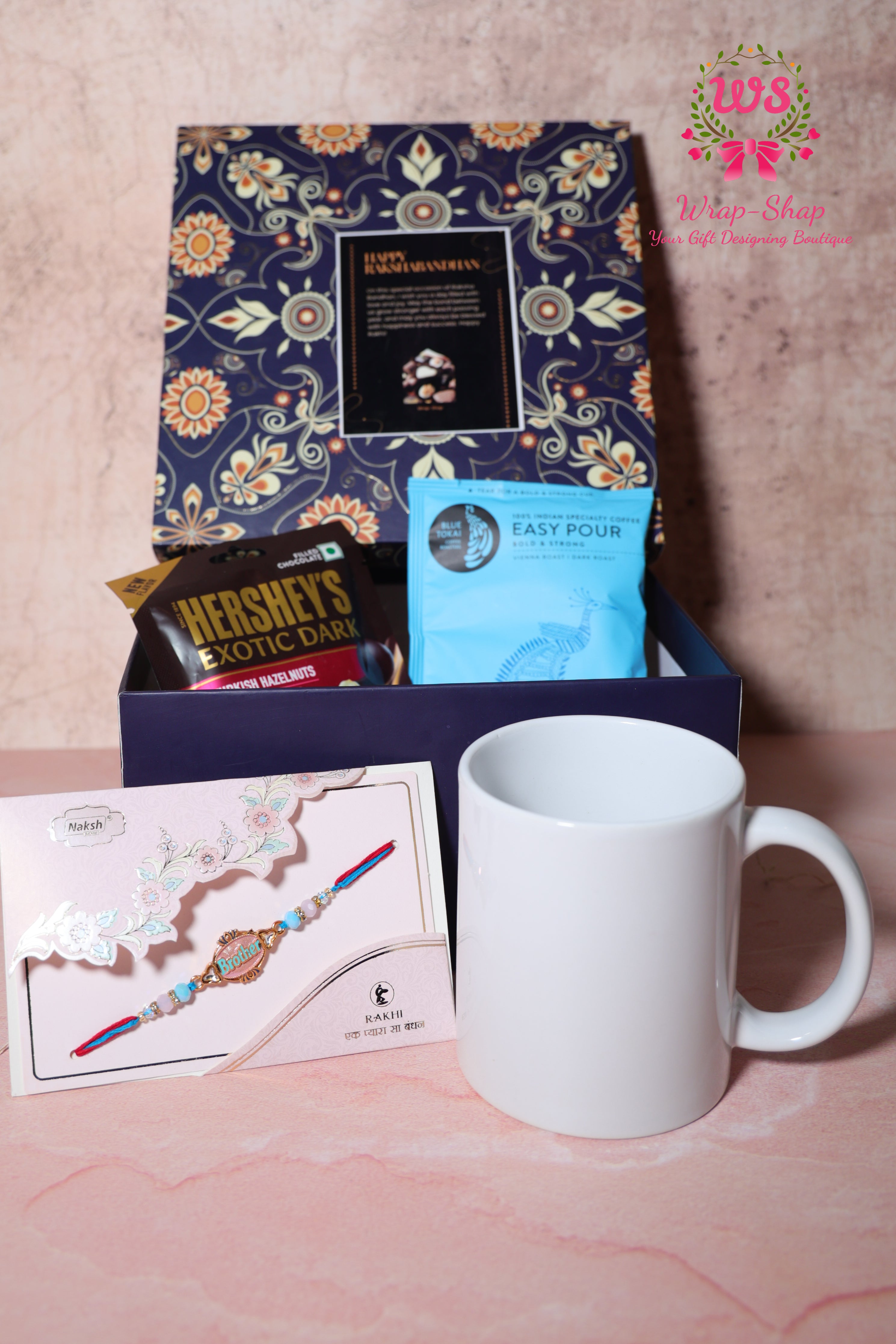 Custom Rakhi Hamper with Personalized Mug, Blue Tokai Coffee, Hershey’s Chocolate & Rakhi in Gift Box | Wrap Shap