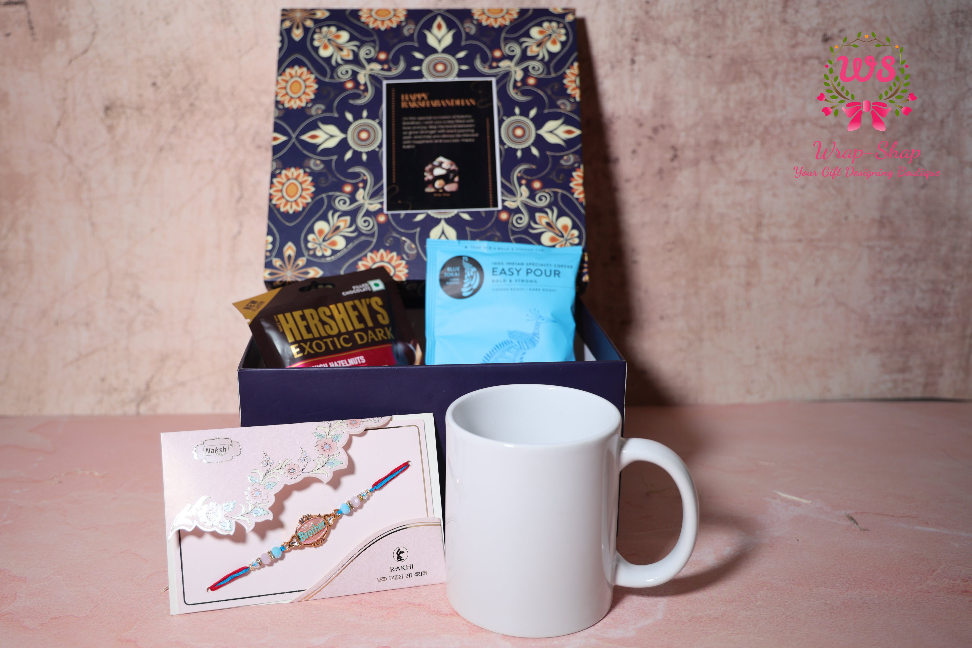 Custom Rakhi Hamper with Personalized Mug, Blue Tokai Coffee, Hershey’s Chocolate & Rakhi in Gift Box | Wrap Shap