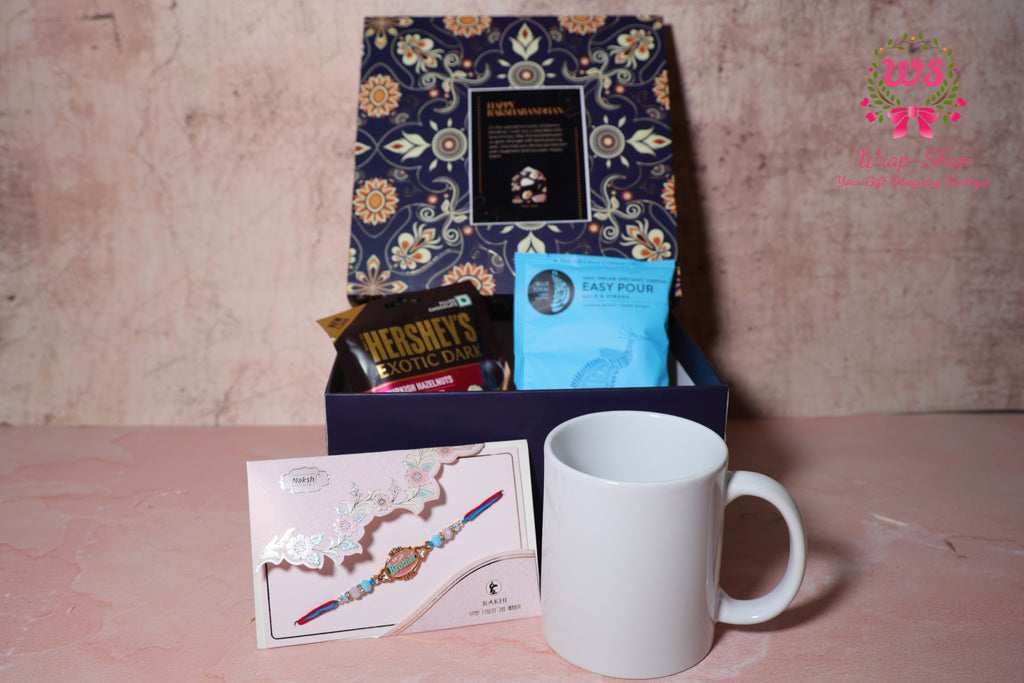 Custom Rakhi Hamper with Personalized Mug, Blue Tokai Coffee, Hershey’s Chocolate & Rakhi in Gift Box | Wrap Shap