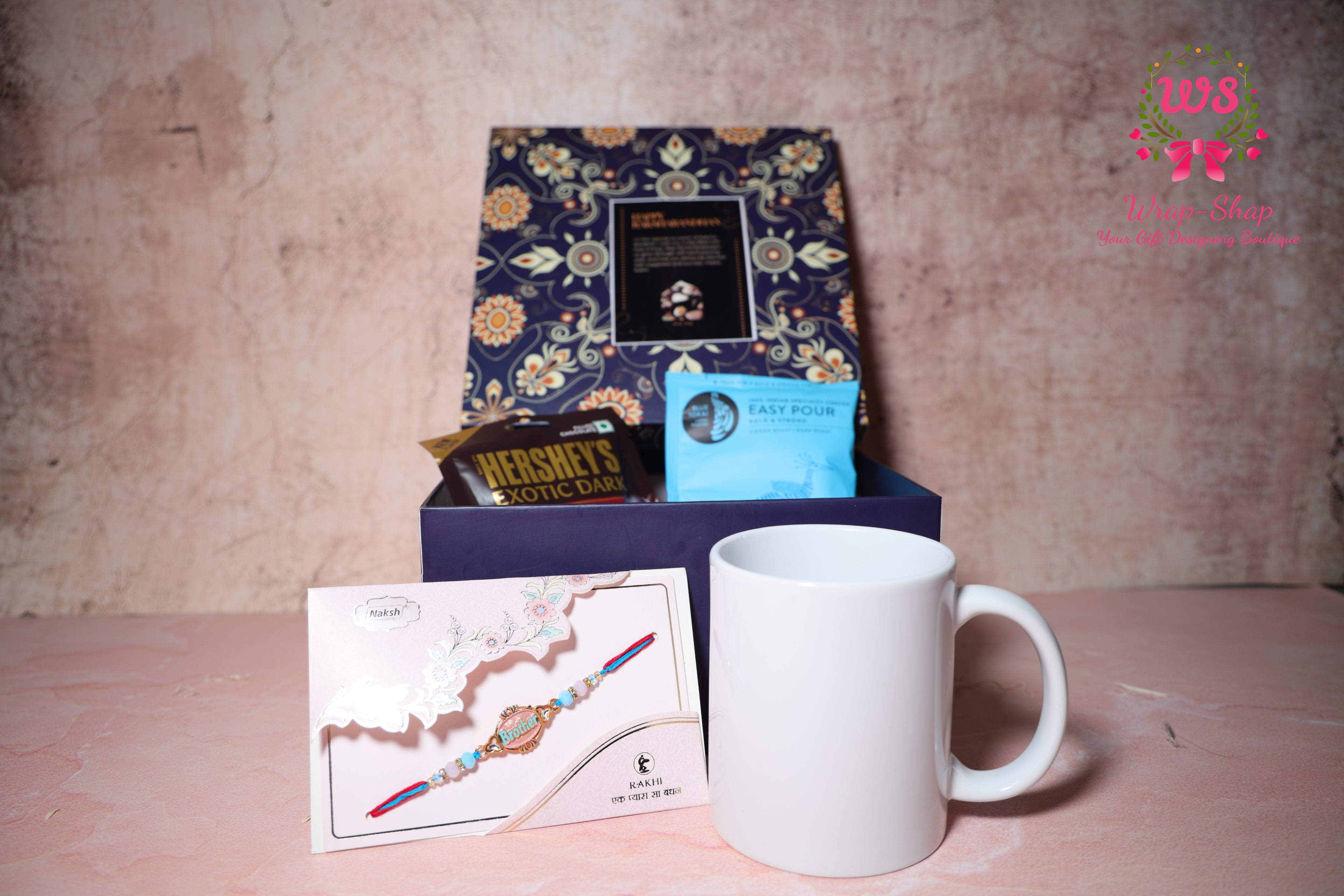 Custom Rakhi Hamper with Personalized Mug, Blue Tokai Coffee, Hershey’s Chocolate & Rakhi in Gift Box | Wrap Shap
