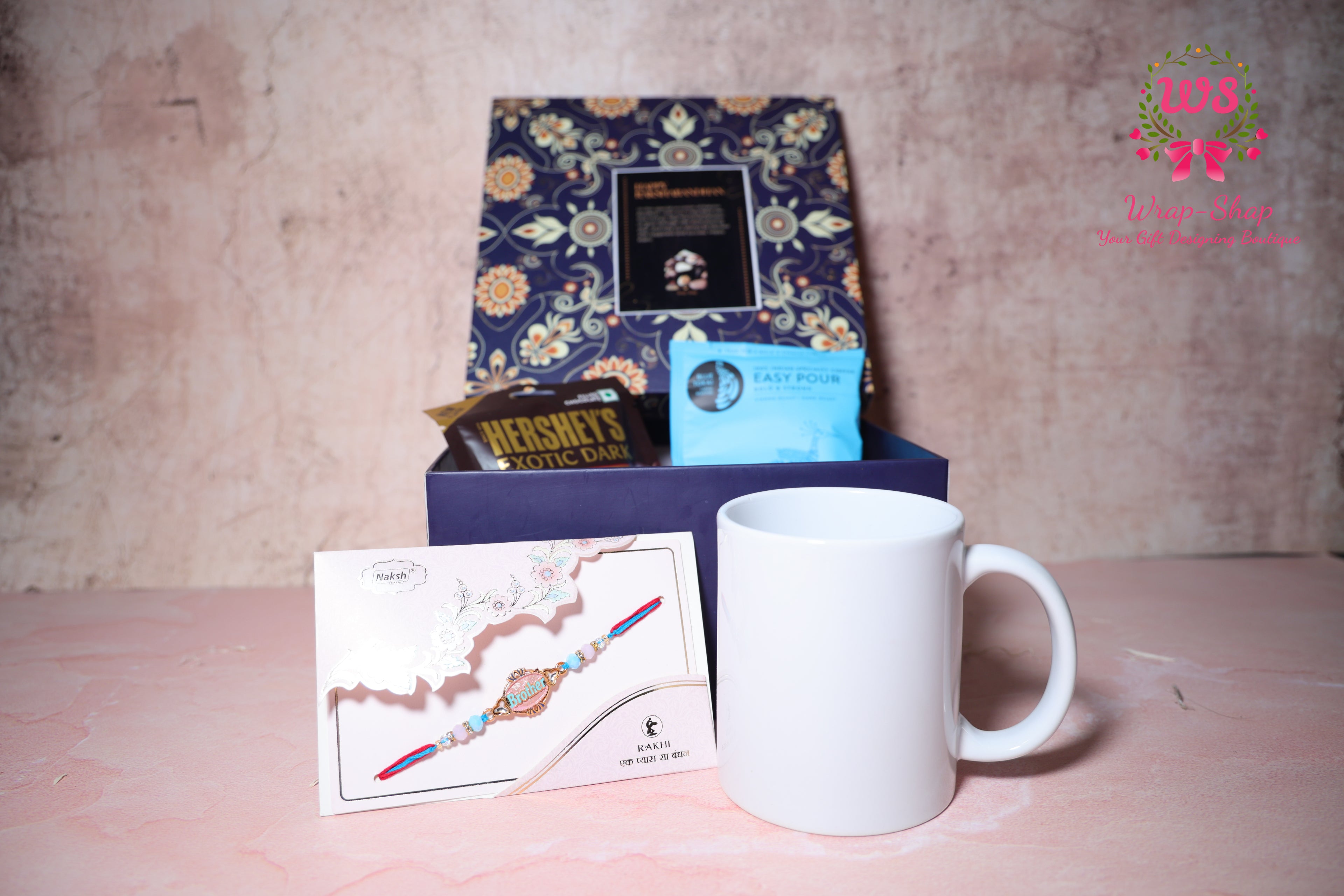 Custom Rakhi Hamper with Personalized Mug, Blue Tokai Coffee, Hershey’s Chocolate & Rakhi in Gift Box | Wrap Shap