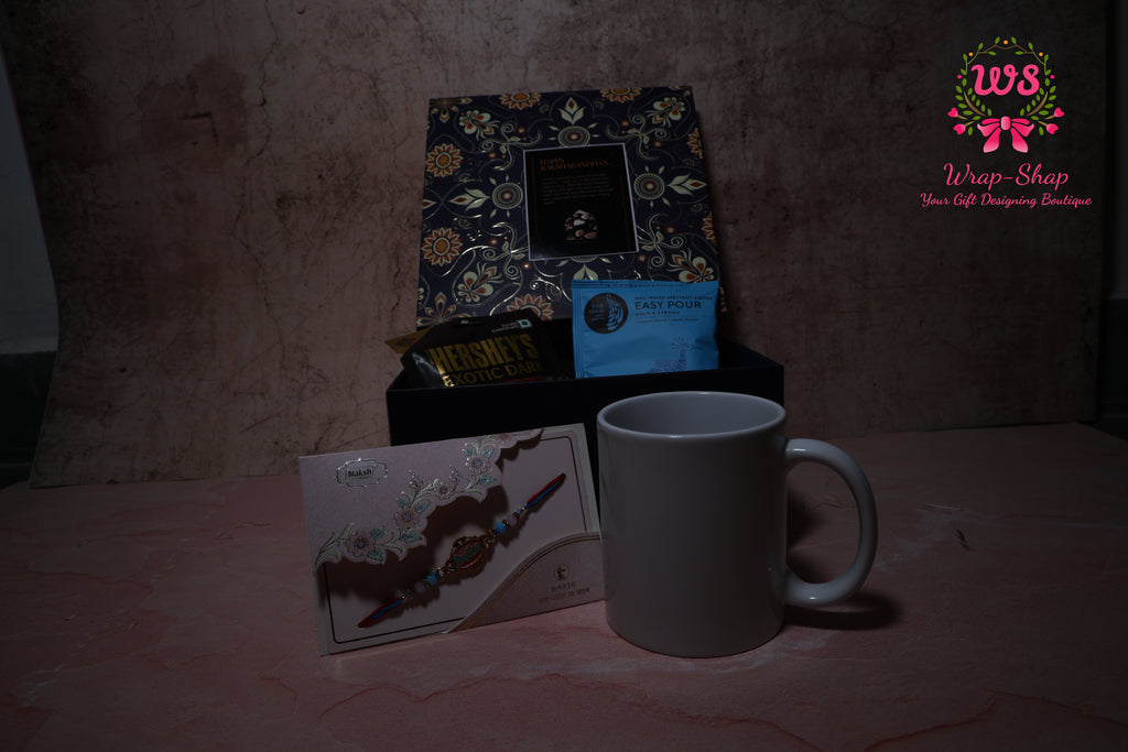 Custom Rakhi Hamper with Personalized Mug, Blue Tokai Coffee, Hershey’s Chocolate & Rakhi in Gift Box | Wrap Shap