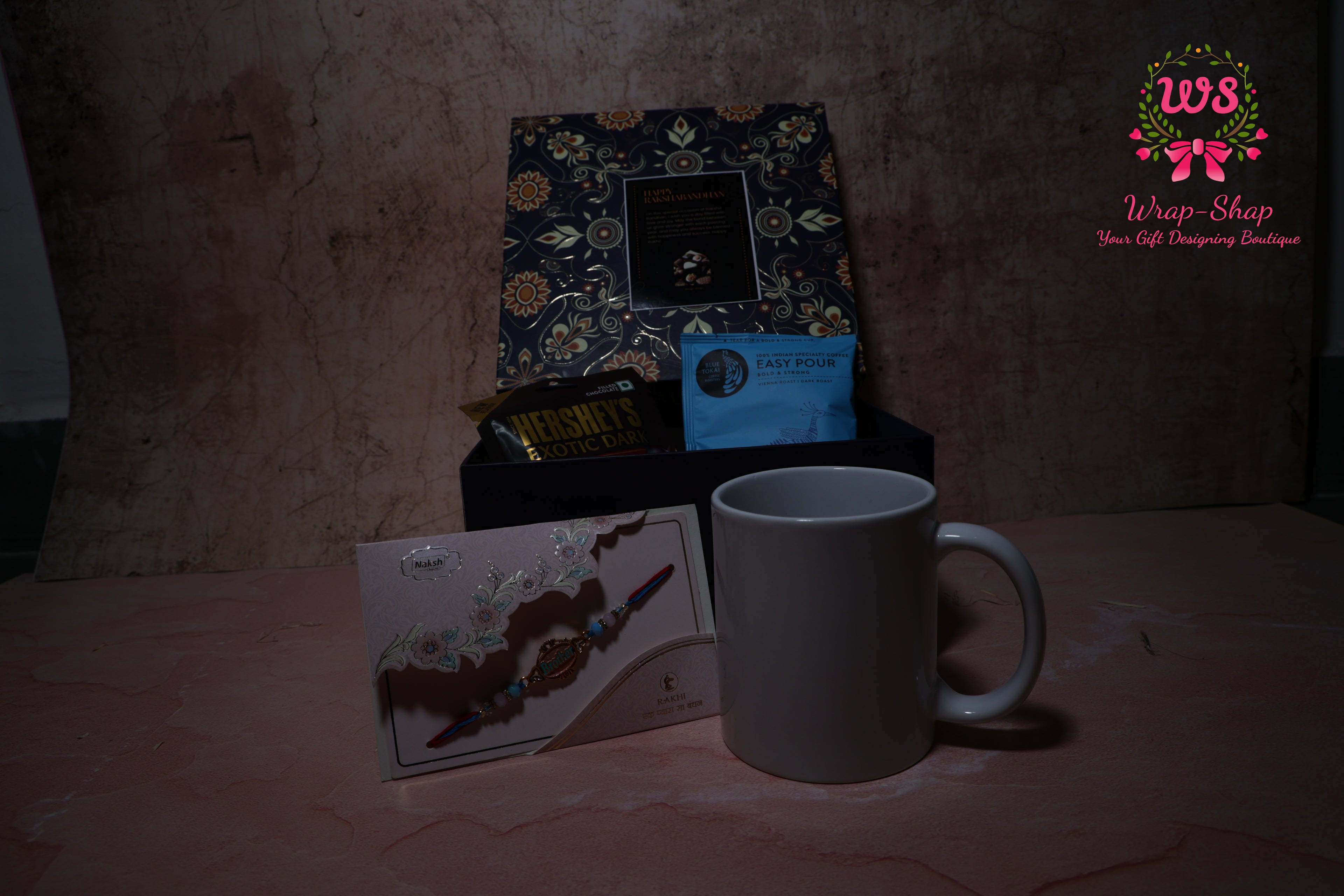 Custom Rakhi Hamper with Personalized Mug, Blue Tokai Coffee, Hershey’s Chocolate & Rakhi in Gift Box | Wrap Shap