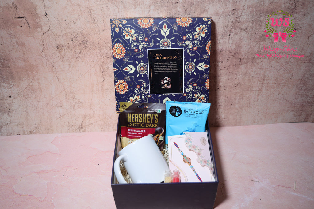 Custom Rakhi Hamper with Personalized Mug, Blue Tokai Coffee, Hershey’s Chocolate & Rakhi in Gift Box | Wrap Shap