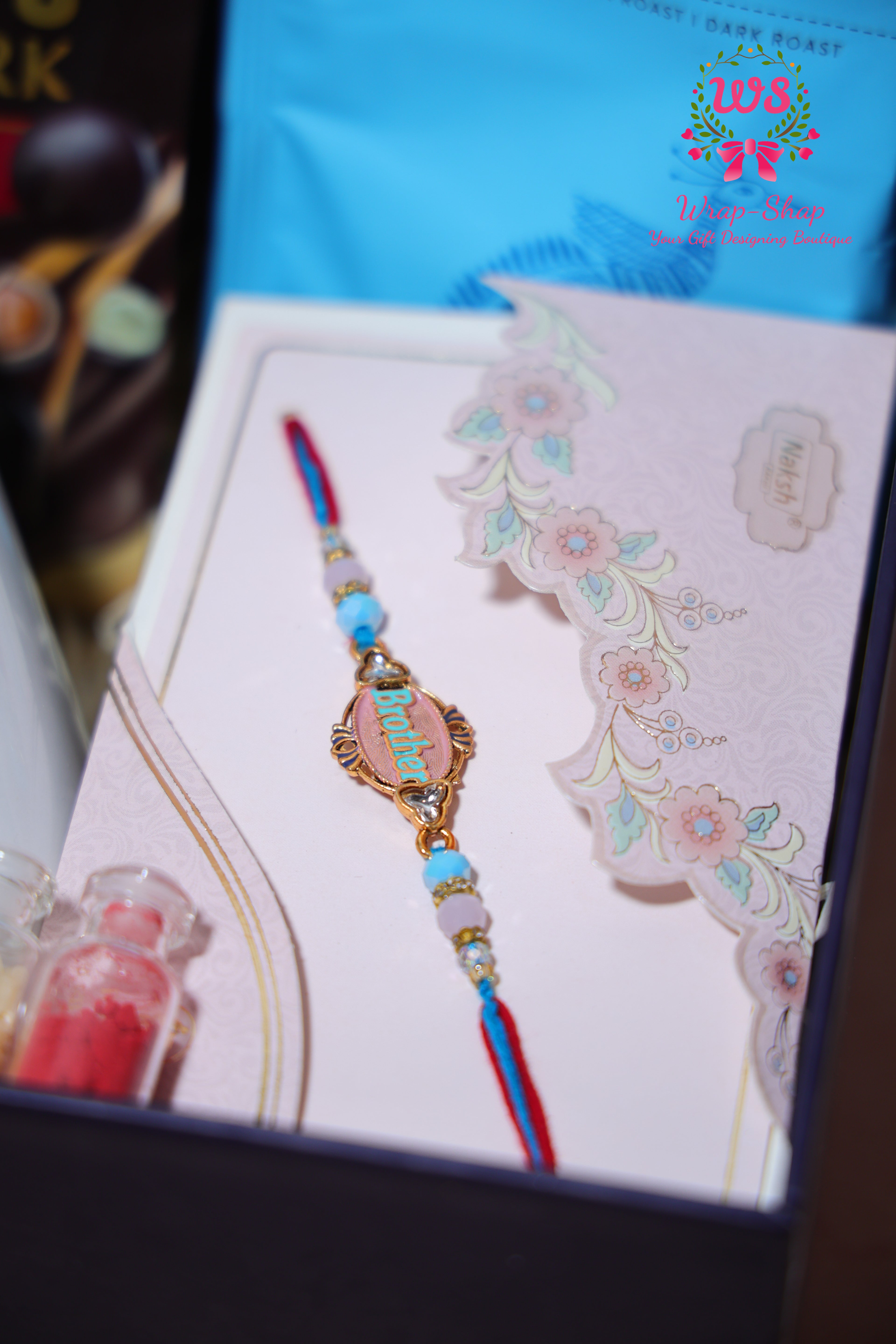 Custom Rakhi Hamper with Personalized Mug, Blue Tokai Coffee, Hershey’s Chocolate & Rakhi in Gift Box | Wrap Shap