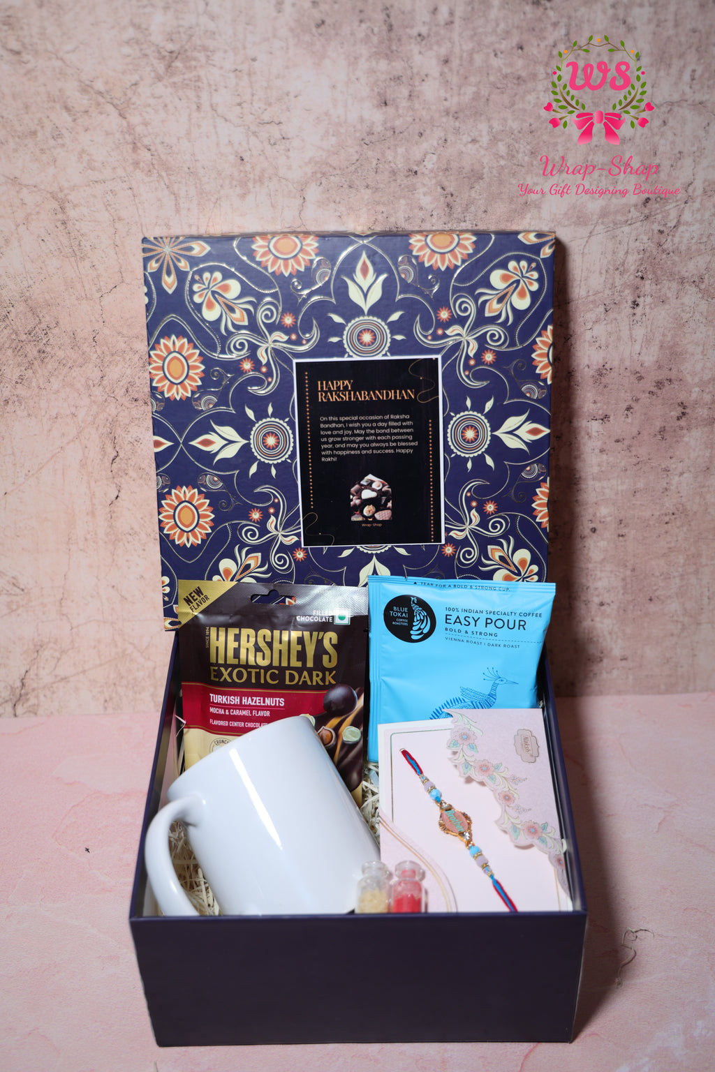 Custom Rakhi Hamper with Personalized Mug, Blue Tokai Coffee, Hershey’s Chocolate & Rakhi in Gift Box | Wrap Shap
