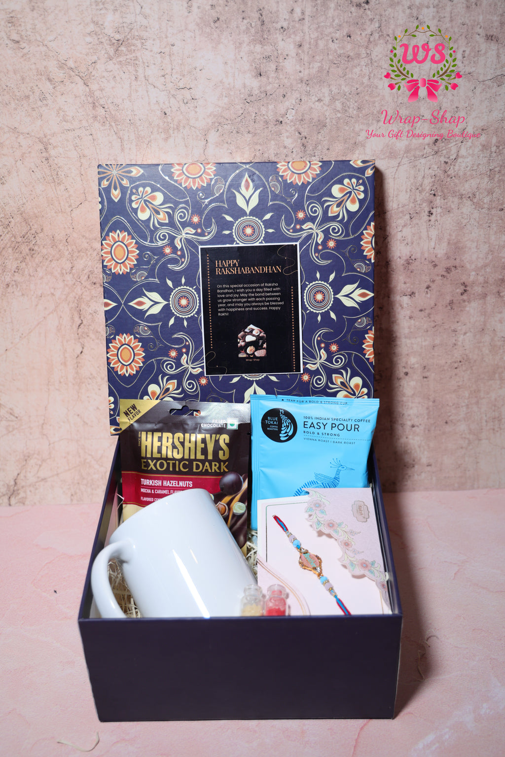 Custom Rakhi Hamper with Personalized Mug, Blue Tokai Coffee, Hershey’s Chocolate & Rakhi in Gift Box | Wrap Shap