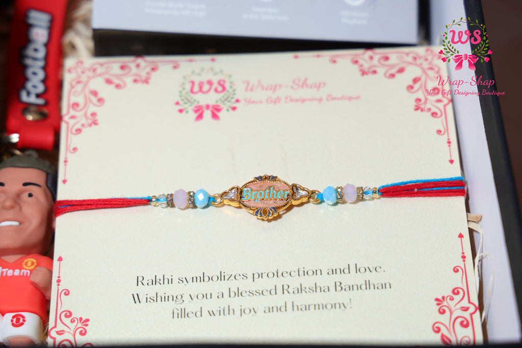 Gaming Rakhi Hamper with Boat Earpods, Korean Noodles, Energy Drink & Football Keychain in Rigid Gift Box | Wrap Shap