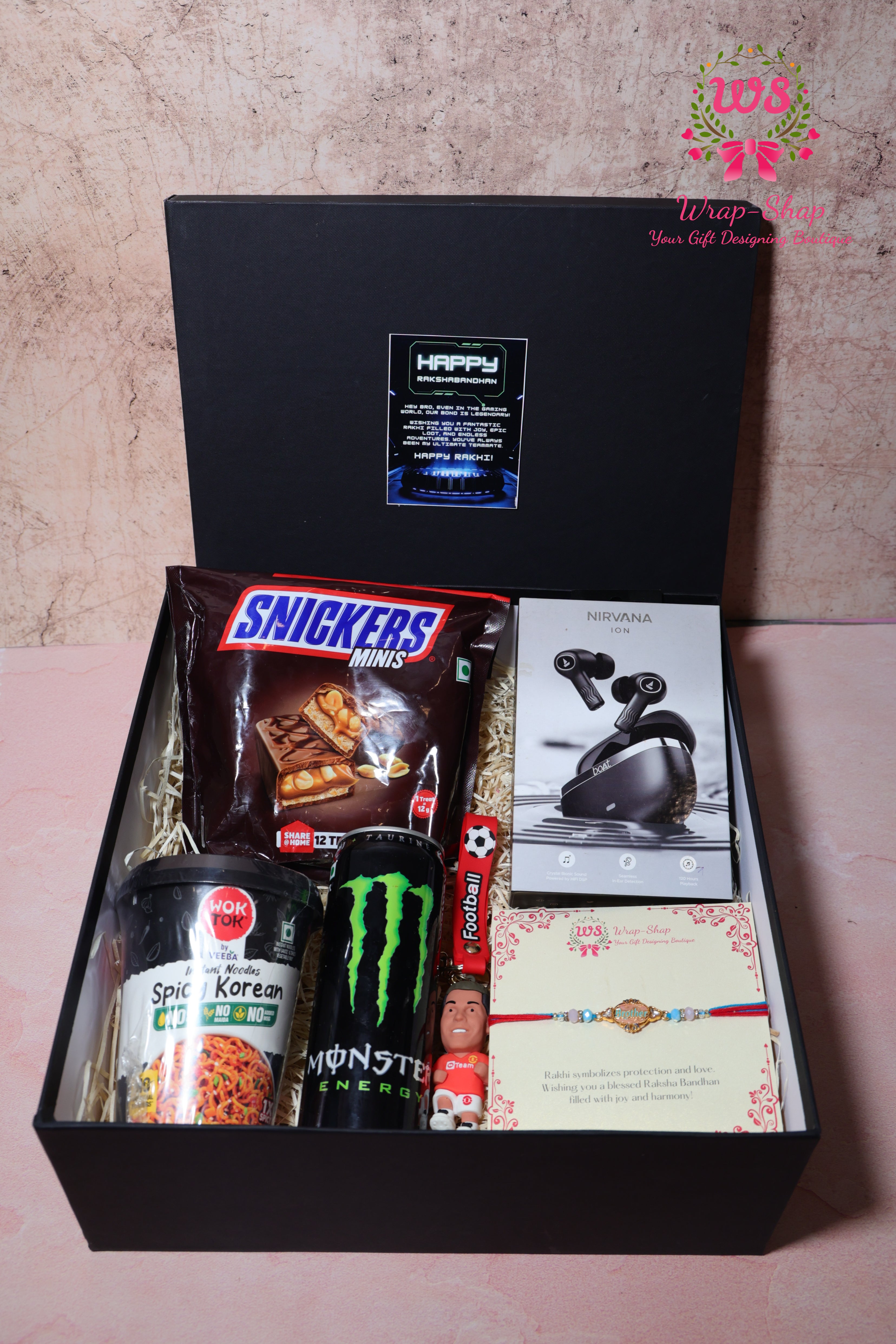 Gaming Rakhi Hamper with Boat Earpods, Korean Noodles, Energy Drink & Football Keychain in Rigid Gift Box | Wrap Shap