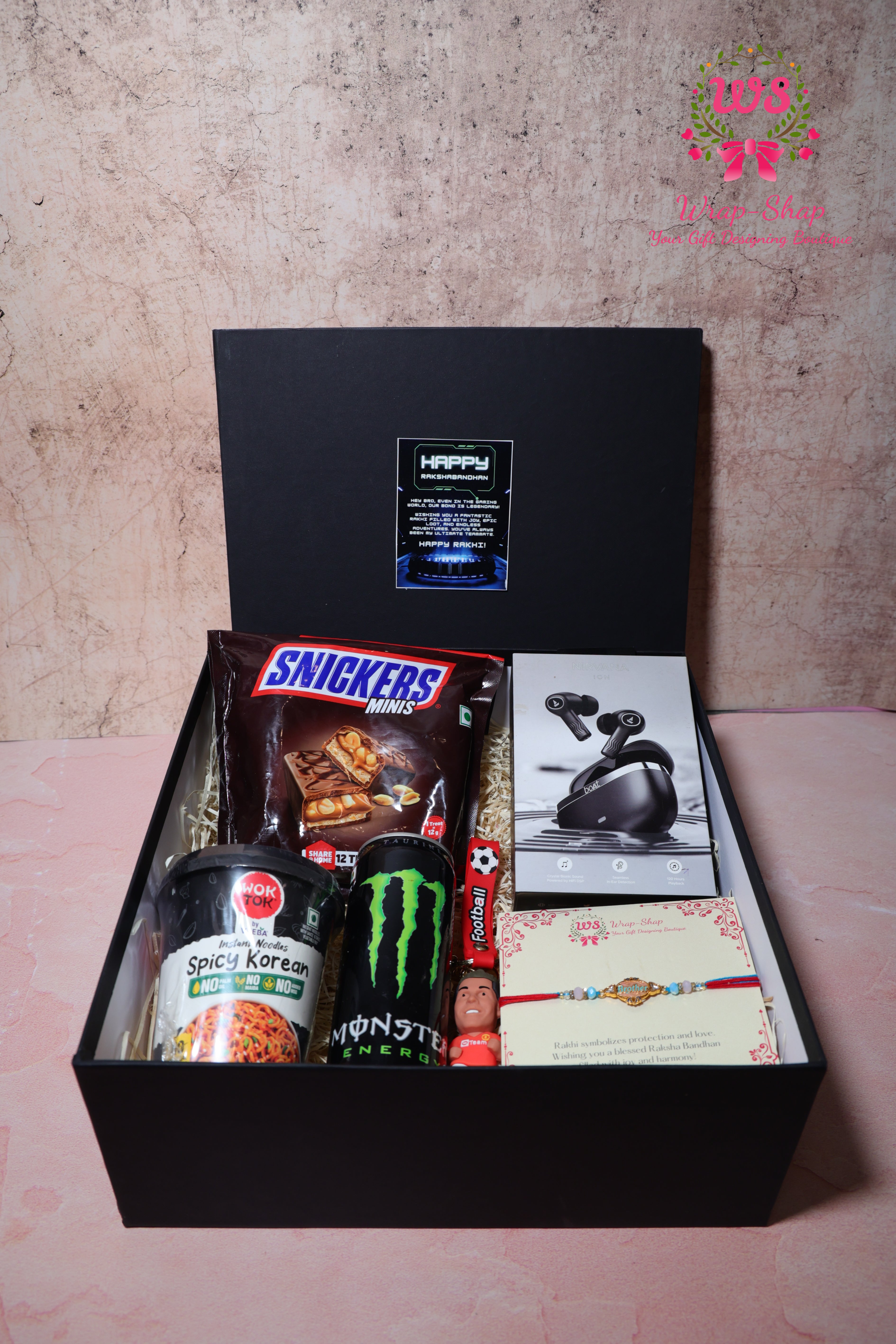 Gaming Rakhi Hamper with Boat Earpods, Korean Noodles, Energy Drink & Football Keychain in Rigid Gift Box | Wrap Shap