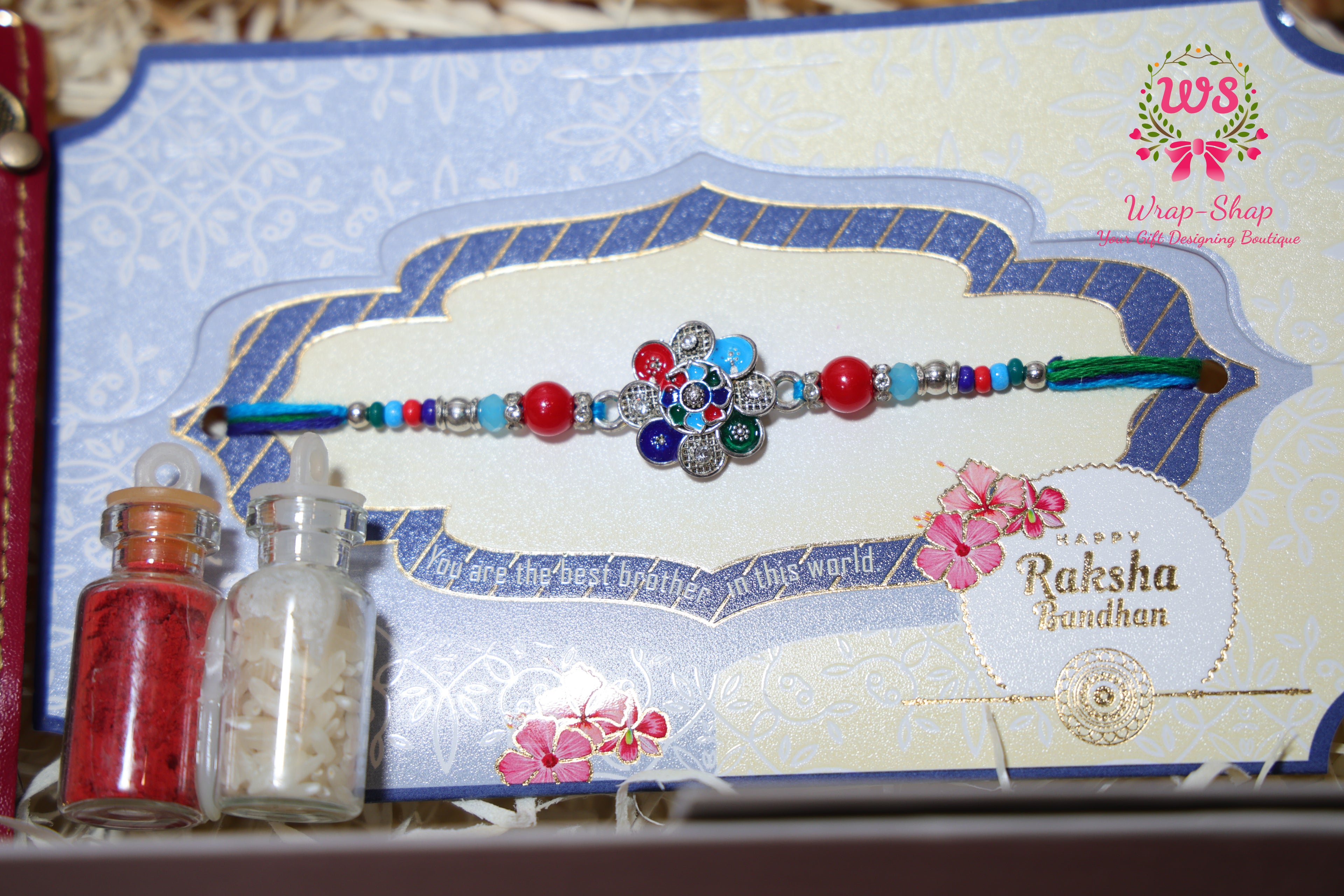 Personalized Rakhi Hamper for Brother with Glass Case, Wallet, Passport Cover, Keychain, Ferrero Rocher & Rakhi in Gift Box | Wrap Shap
