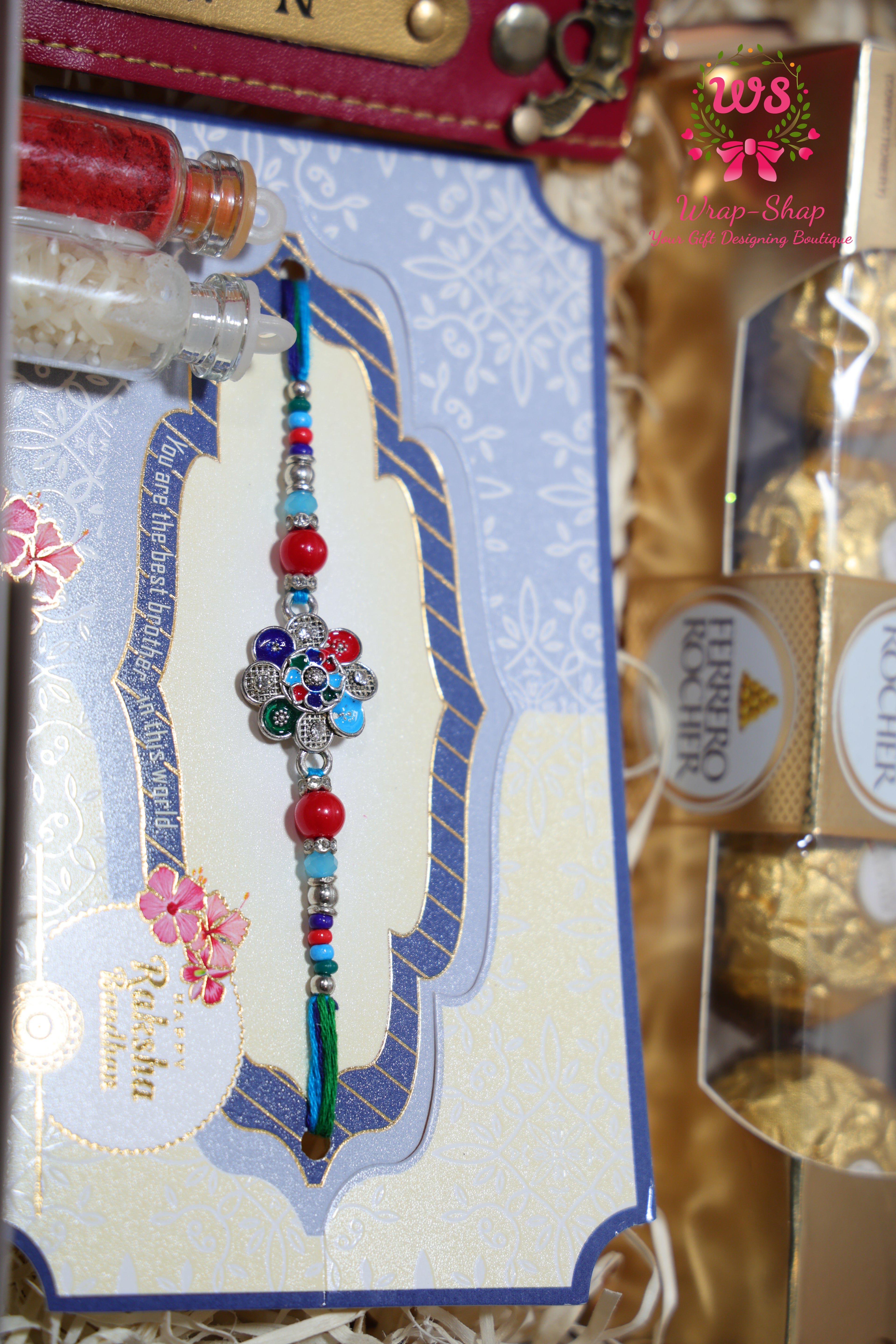 Personalized Rakhi Hamper for Brother with Glass Case, Wallet, Passport Cover, Keychain, Ferrero Rocher & Rakhi in Gift Box | Wrap Shap