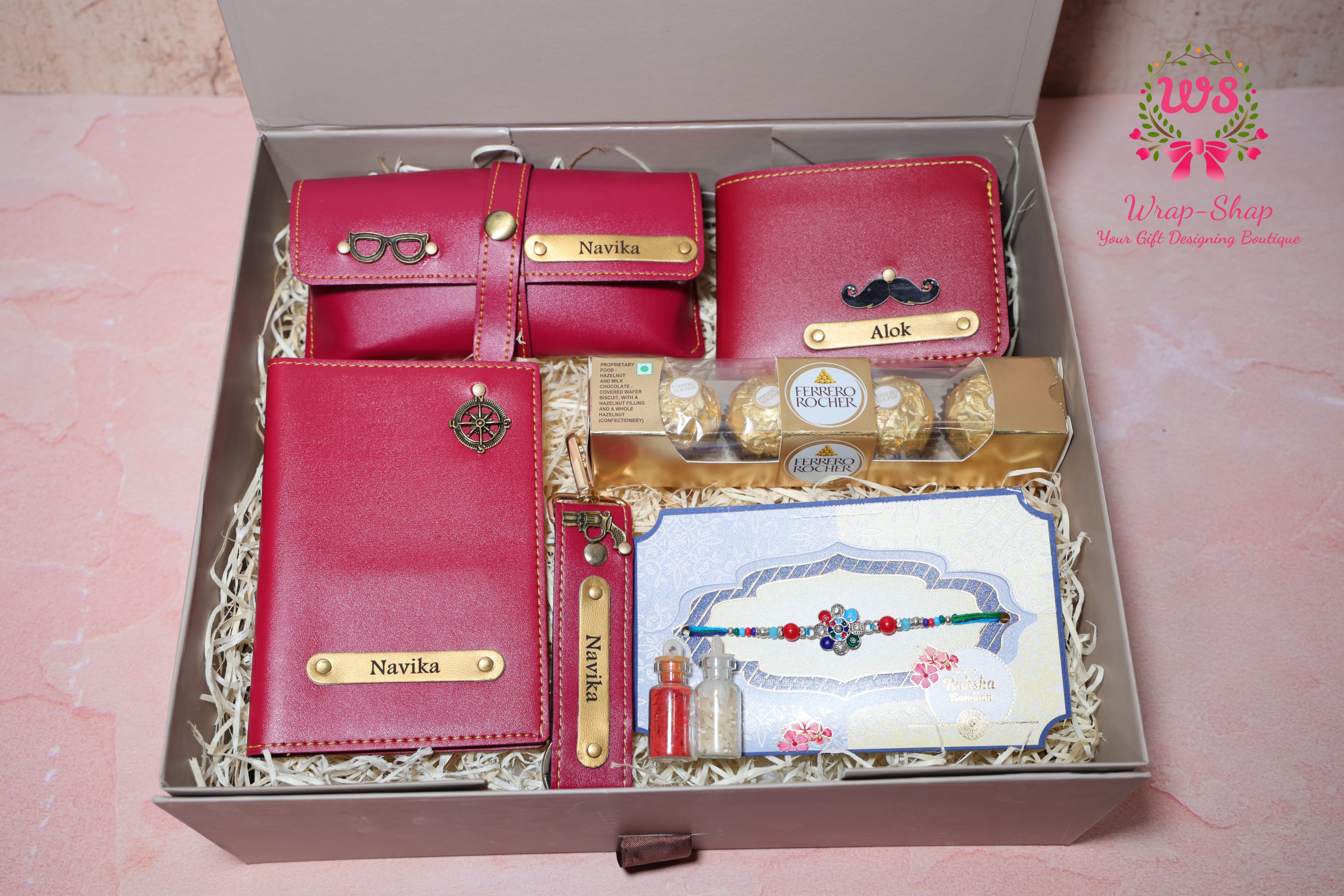 Personalized Rakhi Hamper for Brother with Glass Case, Wallet, Passport Cover, Keychain, Ferrero Rocher & Rakhi in Gift Box | Wrap Shap