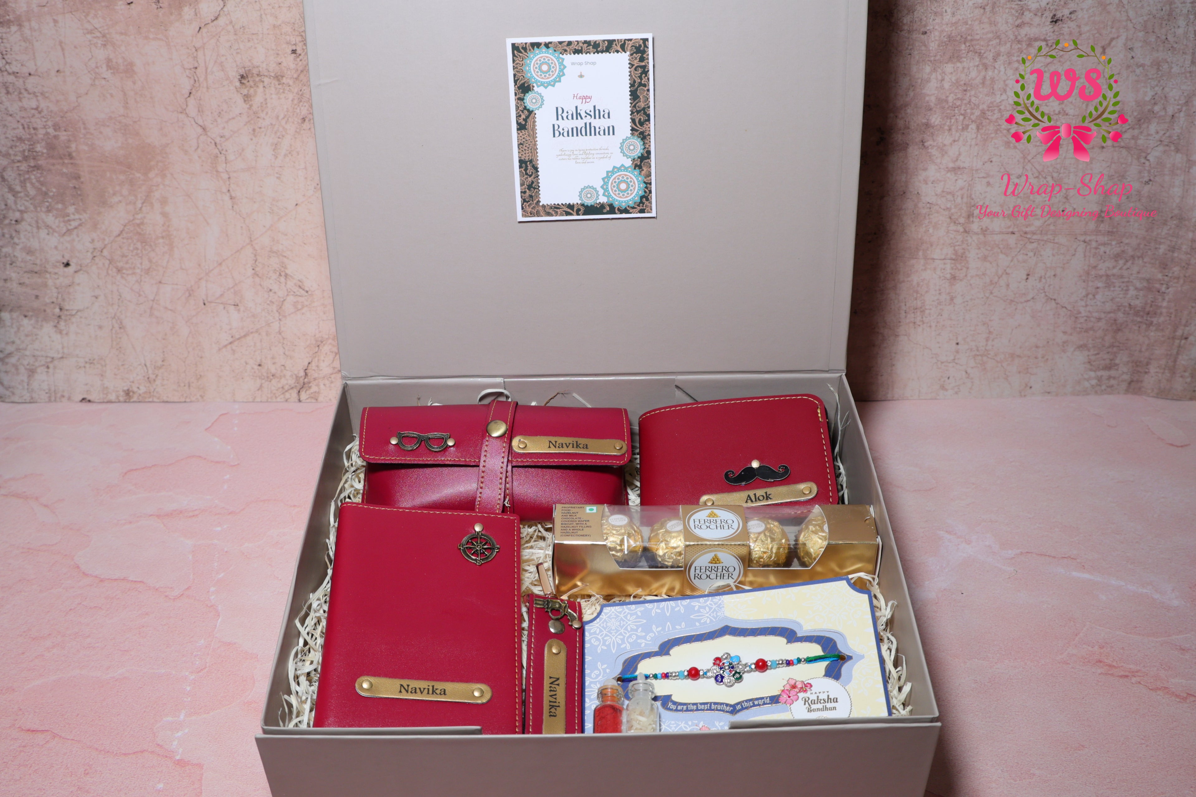 Personalized Rakhi Hamper for Brother with Glass Case, Wallet, Passport Cover, Keychain, Ferrero Rocher & Rakhi in Gift Box | Wrap Shap