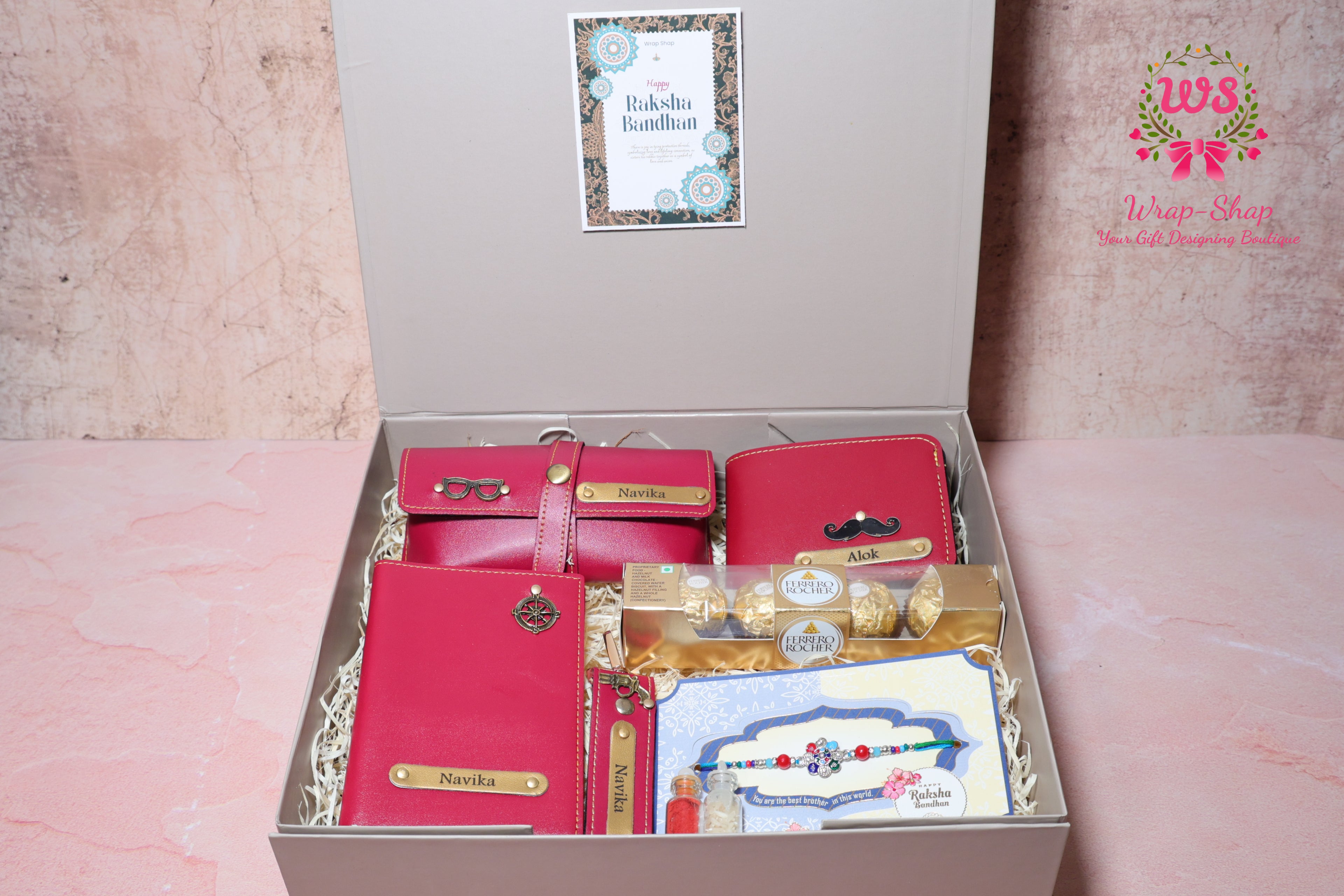 Personalized Rakhi Hamper for Brother with Glass Case, Wallet, Passport Cover, Keychain, Ferrero Rocher & Rakhi in Gift Box | Wrap Shap