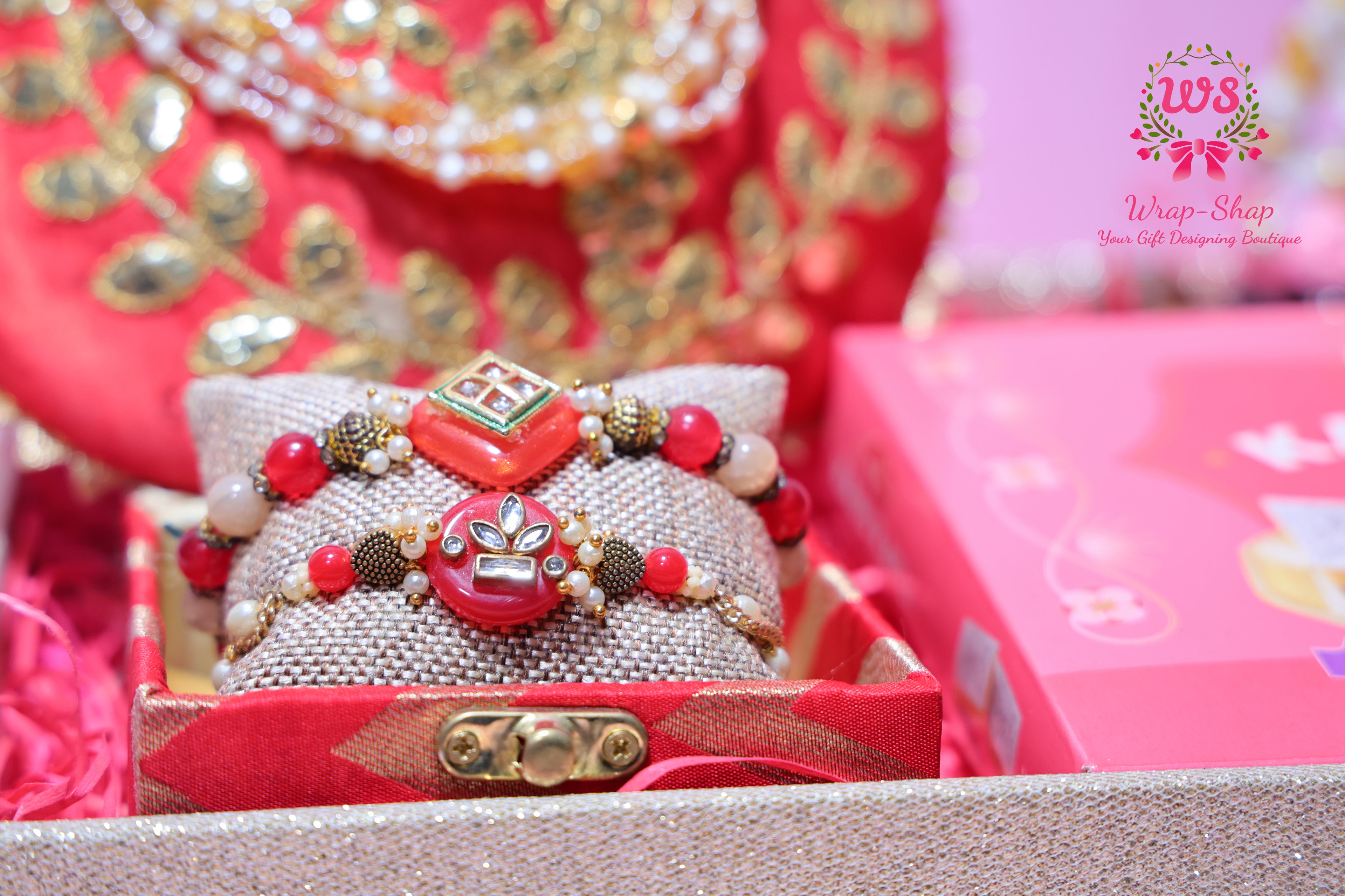 Bhaiya Bhabhi Rakhi Gift Hamper with Kaju Katli, Ganpati Idol, Potli & Tray | Raksha Bandhan Gift Box by Wrap Shap