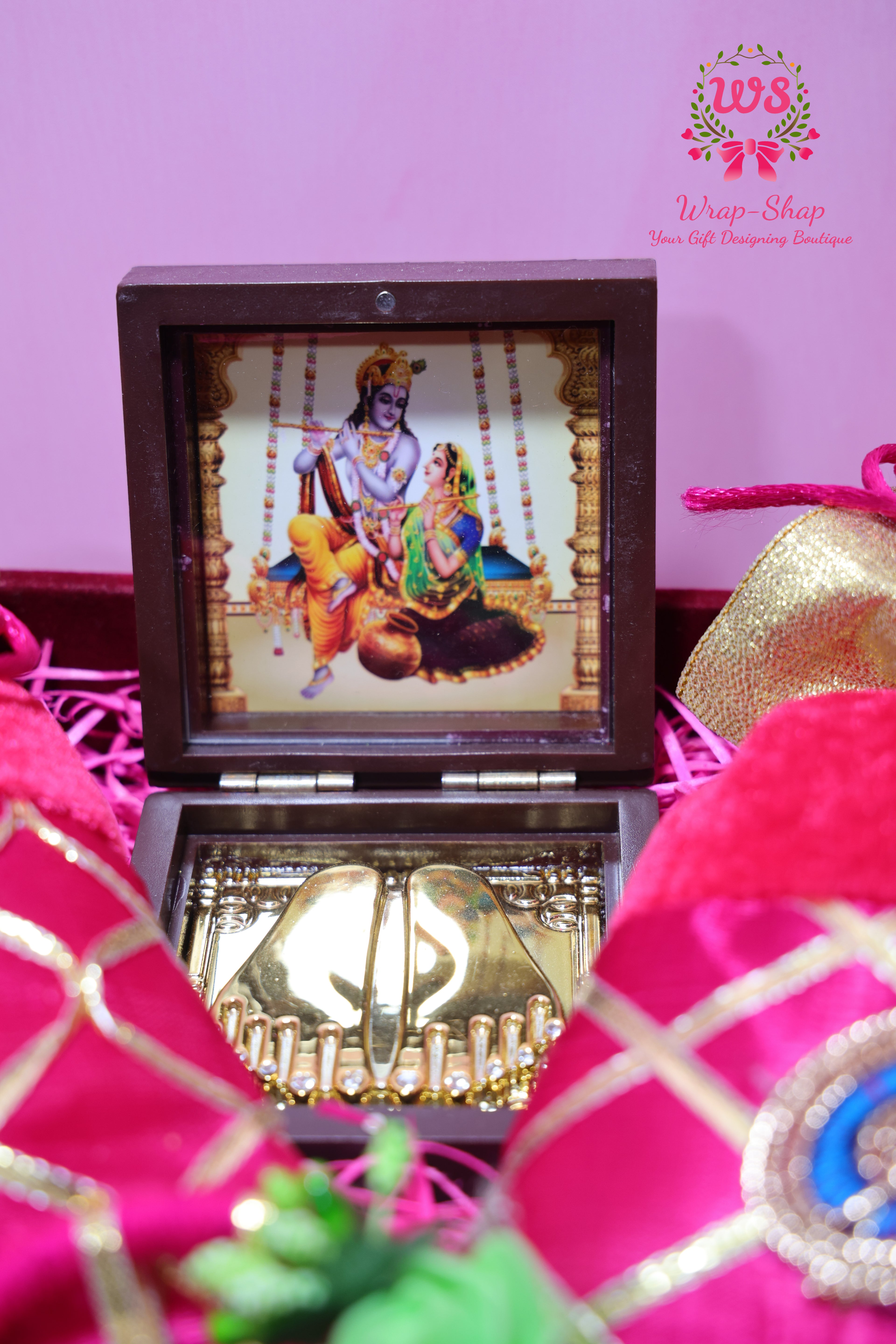 Rakhi Bhaiya Bhabhi Gift Hamper with Rakhi-Lumba Set, Dry Fruits & Charan Paduka in Premium Tray | Wrap Shap