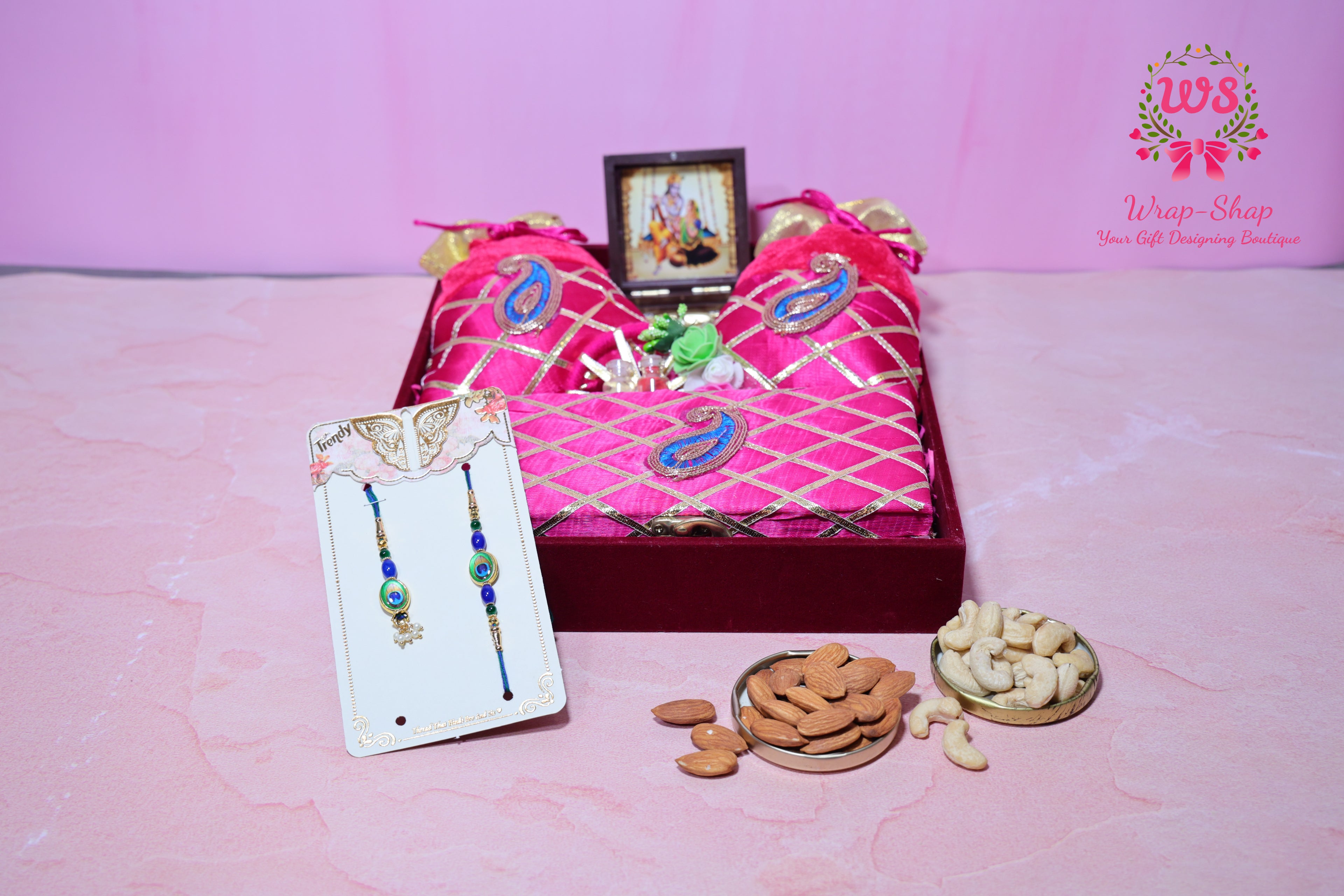 Rakhi Bhaiya Bhabhi Gift Hamper with Rakhi-Lumba Set, Dry Fruits & Charan Paduka in Premium Tray | Wrap Shap