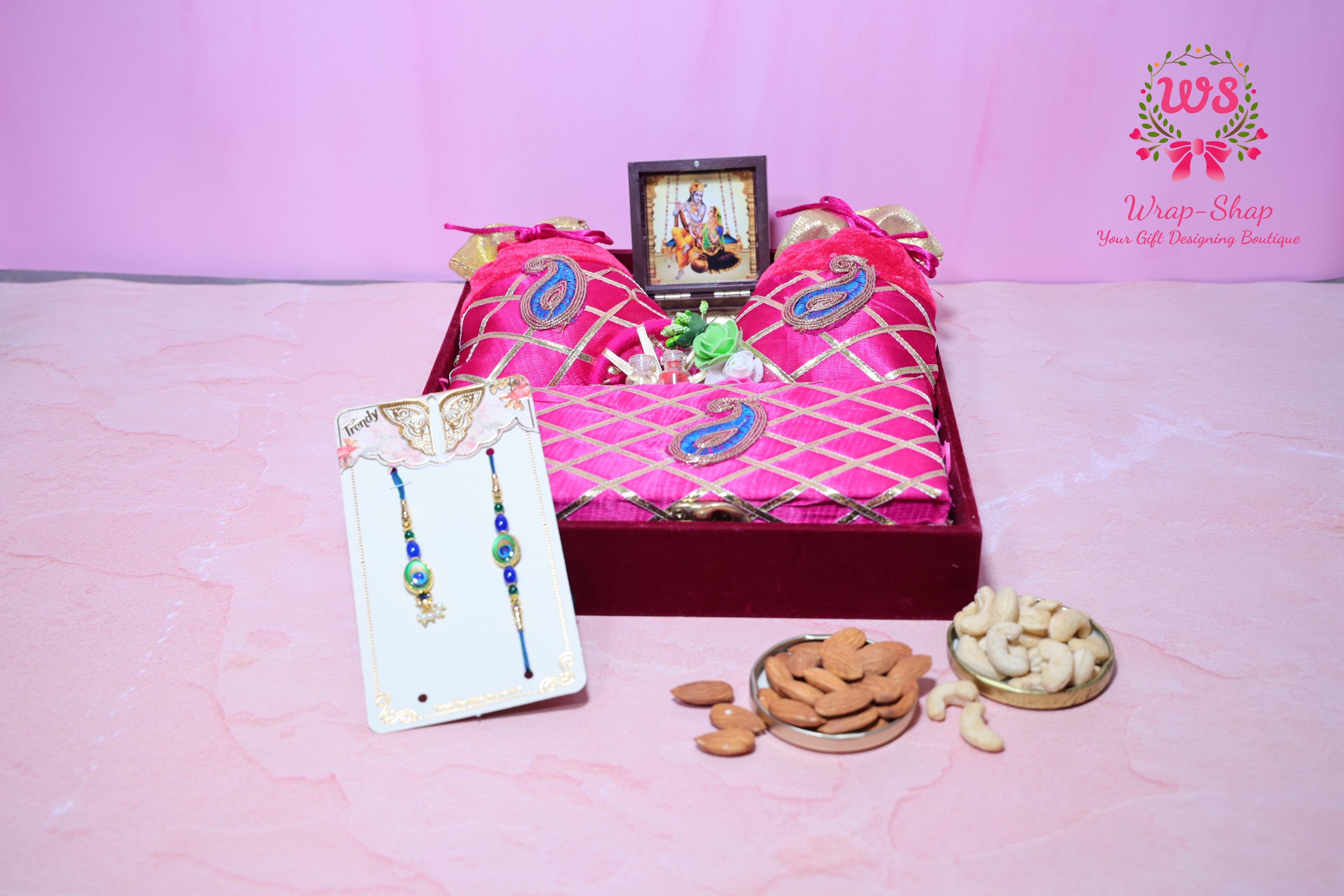 Rakhi Bhaiya Bhabhi Gift Hamper with Rakhi-Lumba Set, Dry Fruits & Charan Paduka in Premium Tray | Wrap Shap