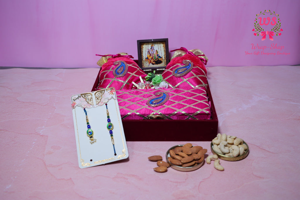 Rakhi Bhaiya Bhabhi Gift Hamper with Rakhi-Lumba Set, Dry Fruits & Charan Paduka in Premium Tray | Wrap Shap