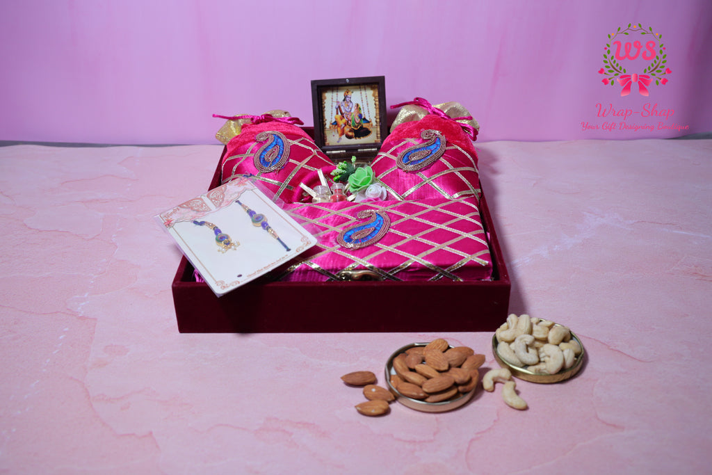 Rakhi Bhaiya Bhabhi Gift Hamper with Rakhi-Lumba Set, Dry Fruits & Charan Paduka in Premium Tray | Wrap Shap