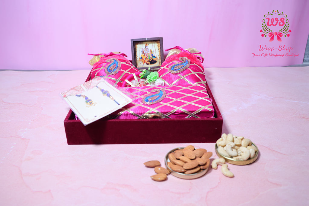 Rakhi Bhaiya Bhabhi Gift Hamper with Rakhi-Lumba Set, Dry Fruits & Charan Paduka in Premium Tray | Wrap Shap