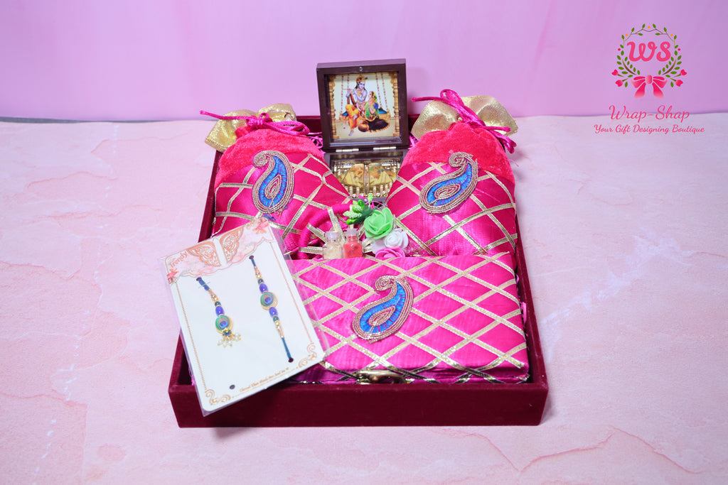 Rakhi Bhaiya Bhabhi Gift Hamper with Rakhi-Lumba Set, Dry Fruits & Charan Paduka in Premium Tray | Wrap Shap