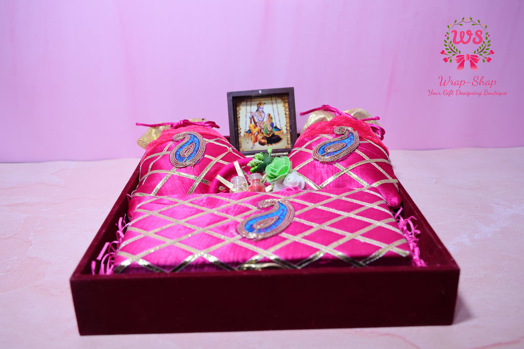 Rakhi Bhaiya Bhabhi Gift Hamper with Rakhi-Lumba Set, Dry Fruits & Charan Paduka in Premium Tray | Wrap Shap