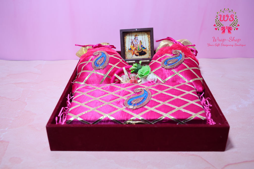 Rakhi Bhaiya Bhabhi Gift Hamper with Rakhi-Lumba Set, Dry Fruits & Charan Paduka in Premium Tray | Wrap Shap