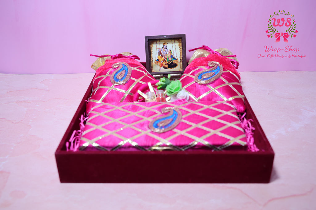 Rakhi Bhaiya Bhabhi Gift Hamper with Rakhi-Lumba Set, Dry Fruits & Charan Paduka in Premium Tray | Wrap Shap