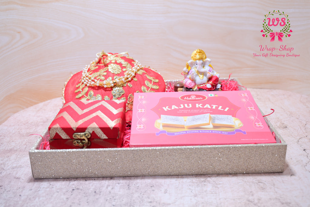 Bhaiya Bhabhi Rakhi Gift Hamper with Kaju Katli, Ganpati Idol, Potli & Tray | Raksha Bandhan Gift Box by Wrap Shap