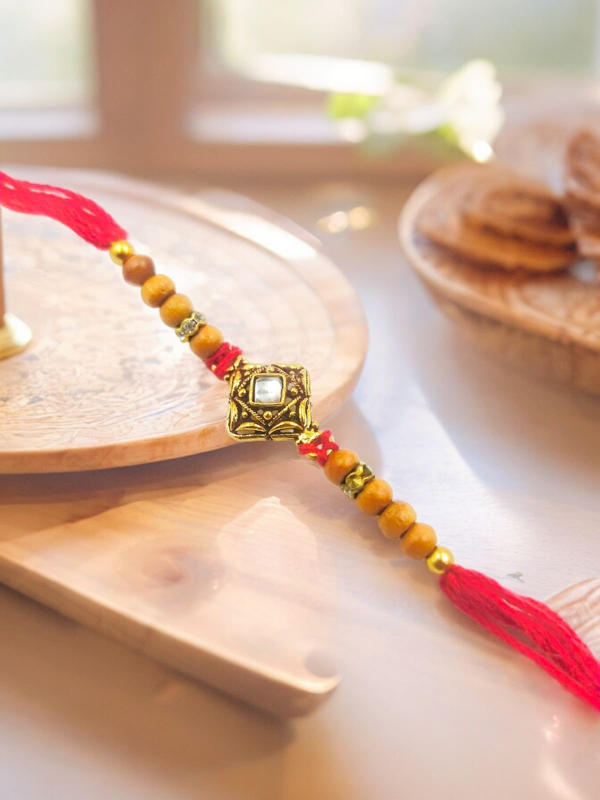 Wrap Shap S3 Elegant Rakhi with Kundan Bead Centre, Comes with Roli Chawal