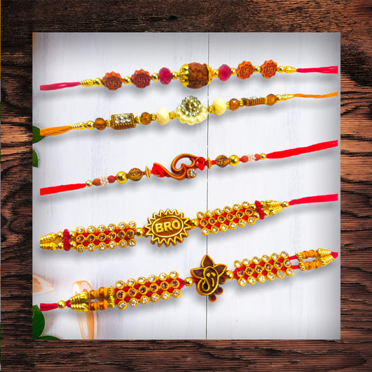 Set of 5 Designer Rakhis by Wrap Shap - Bro, Ganesh, Om & More - Set 1