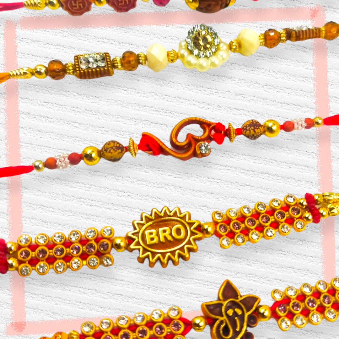 Set of 5 Designer Rakhis by Wrap Shap - Bro, Ganesh, Om & More - Set 1