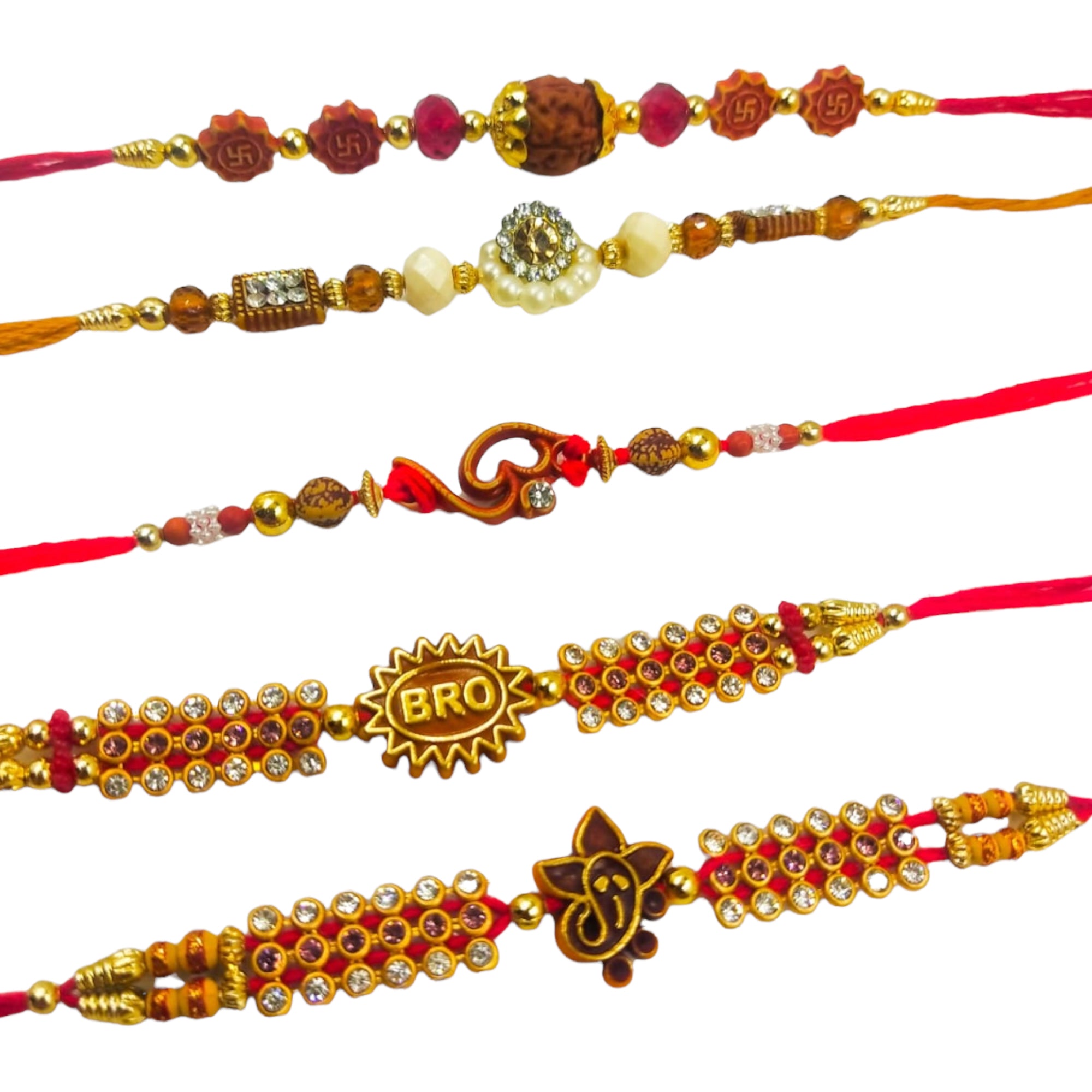 Set of 5 Designer Rakhis by Wrap Shap - Bro, Ganesh, Om & More - Set 1