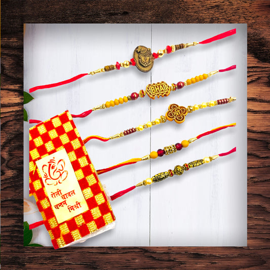 Wrap Shap Set 2: Set of 5 Designer Rakhis - Bhai, Ganesh & More