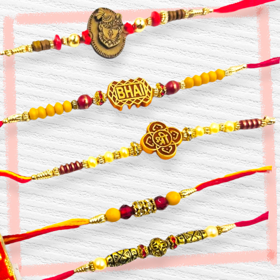 Wrap Shap Set 2: Set of 5 Designer Rakhis - Bhai, Ganesh & More