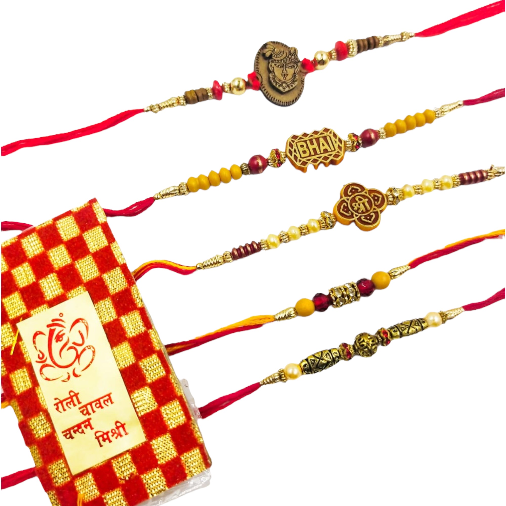 Wrap Shap Set 2: Set of 5 Designer Rakhis - Bhai, Ganesh & More