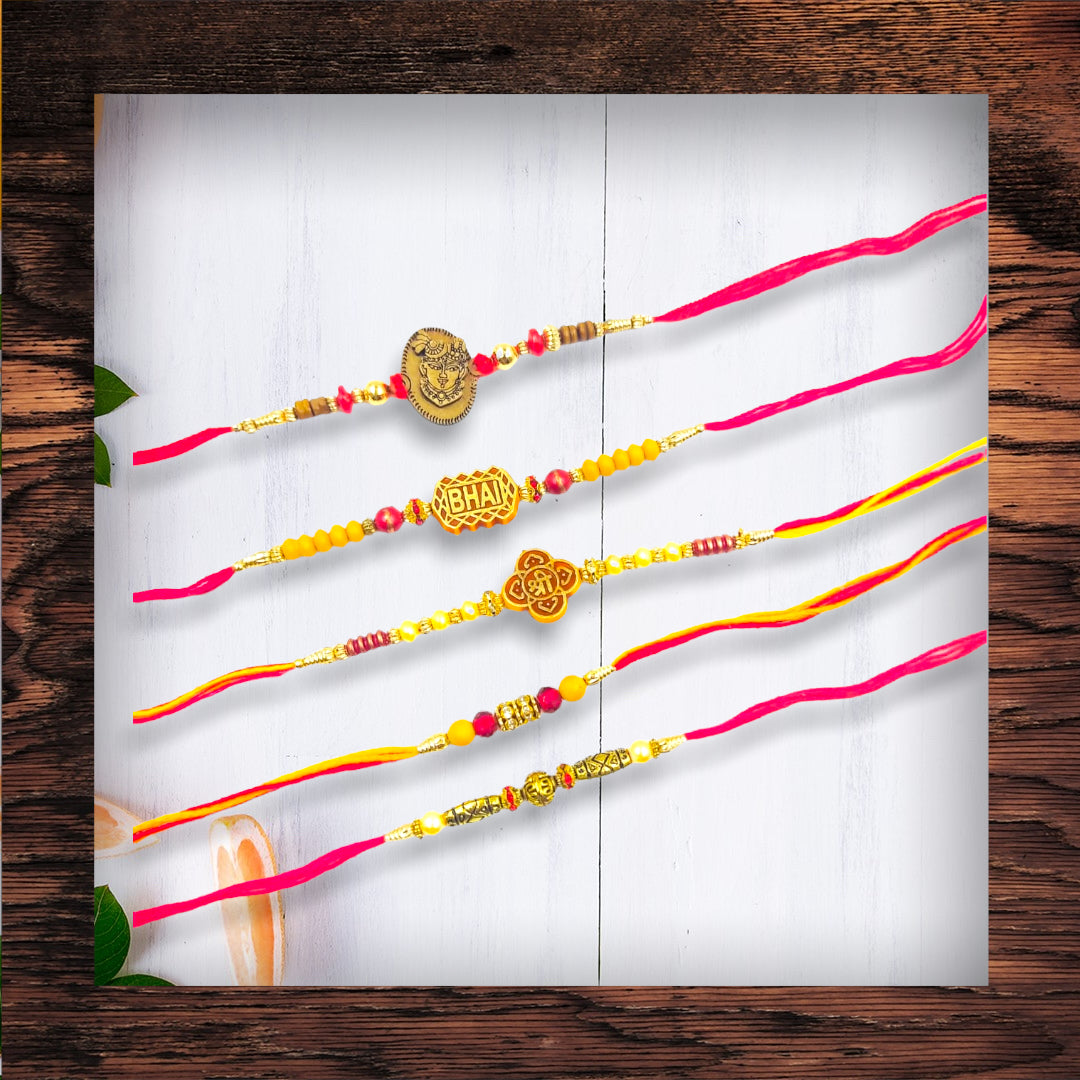 Wrap Shap Set 2: Set of 5 Designer Rakhis - Bhai, Ganesh & More