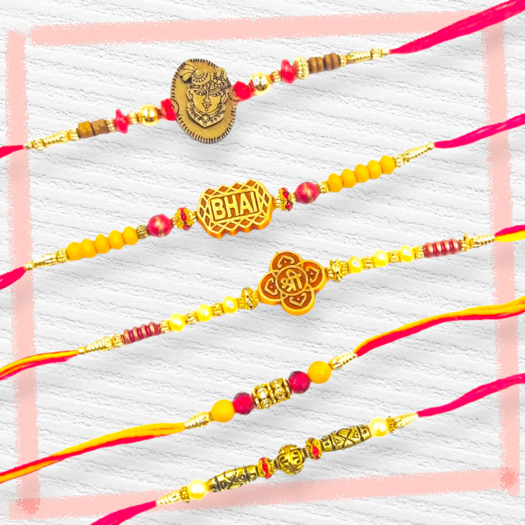 Wrap Shap Set 2: Set of 5 Designer Rakhis - Bhai, Ganesh & More