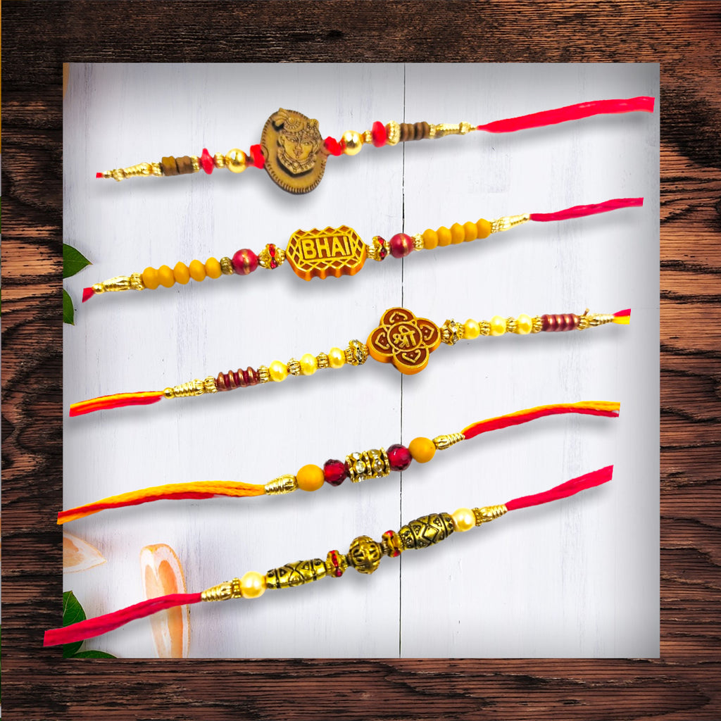 Wrap Shap Set 2: Set of 5 Designer Rakhis - Bhai, Ganesh & More