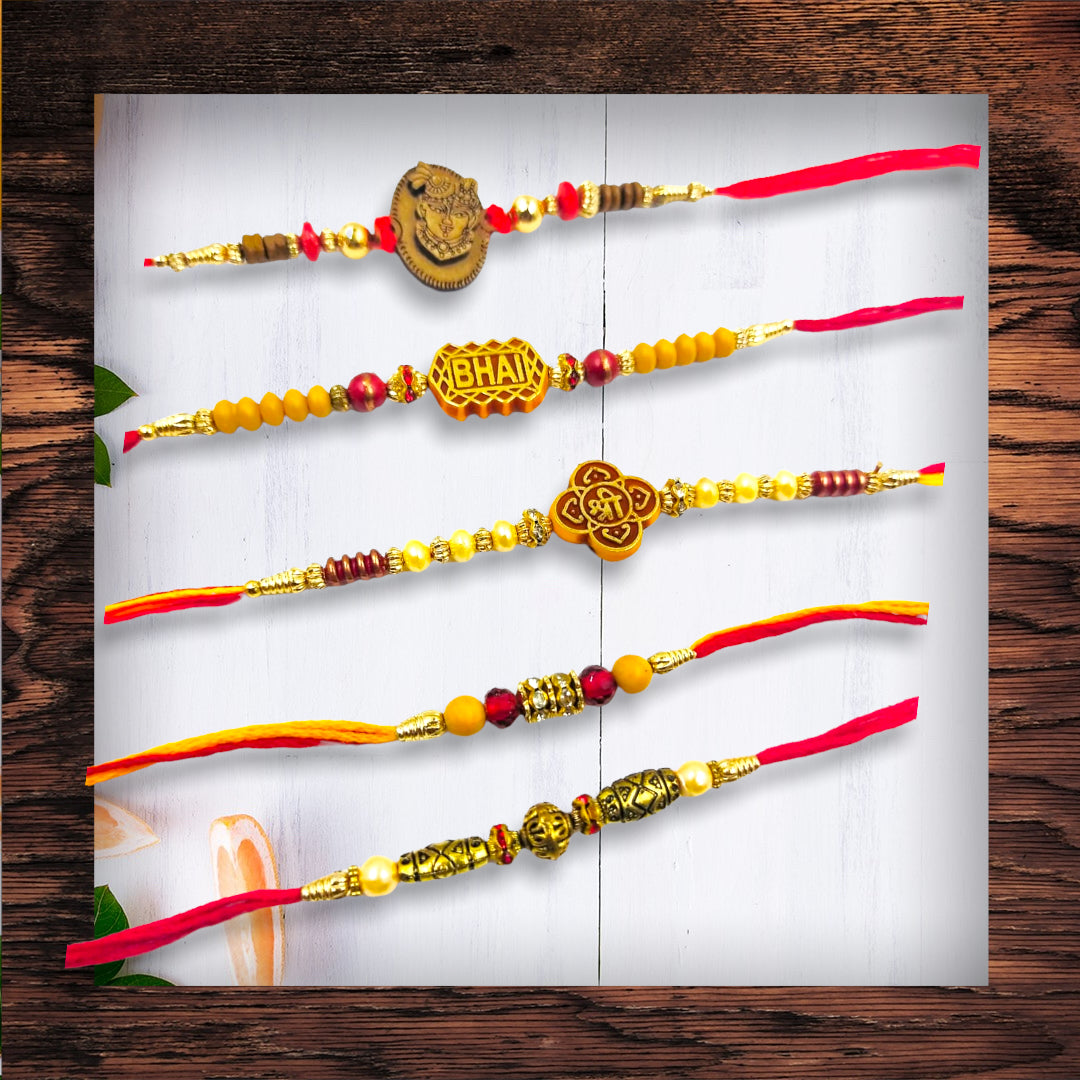 Wrap Shap Set 2: Set of 5 Designer Rakhis - Bhai, Ganesh & More